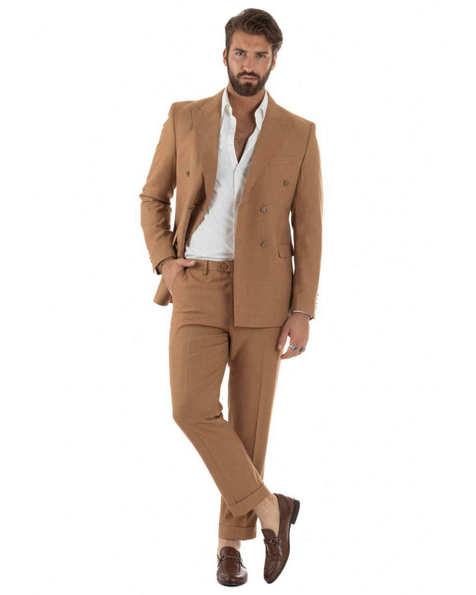 Abito doppiopetto uomo camel melangiato giacca con bottoni metallo