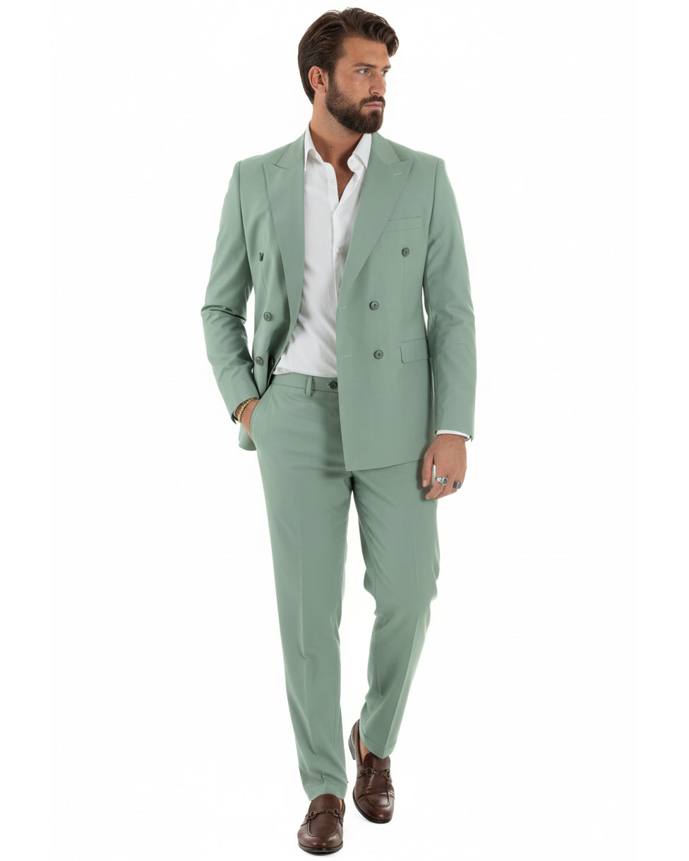 Vista frontale completa abito uomo verde salvia doppiopetto slim fit