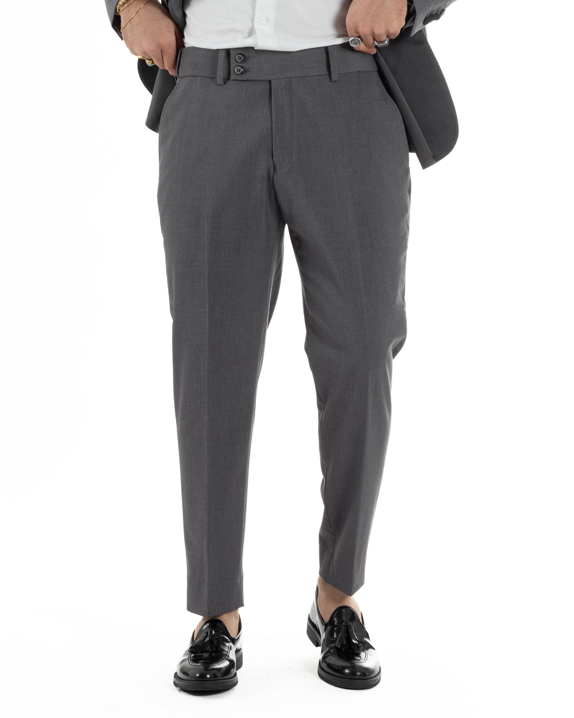 Pantaloni smoking uomo grigio scuro slim fit con chiusura allungata
