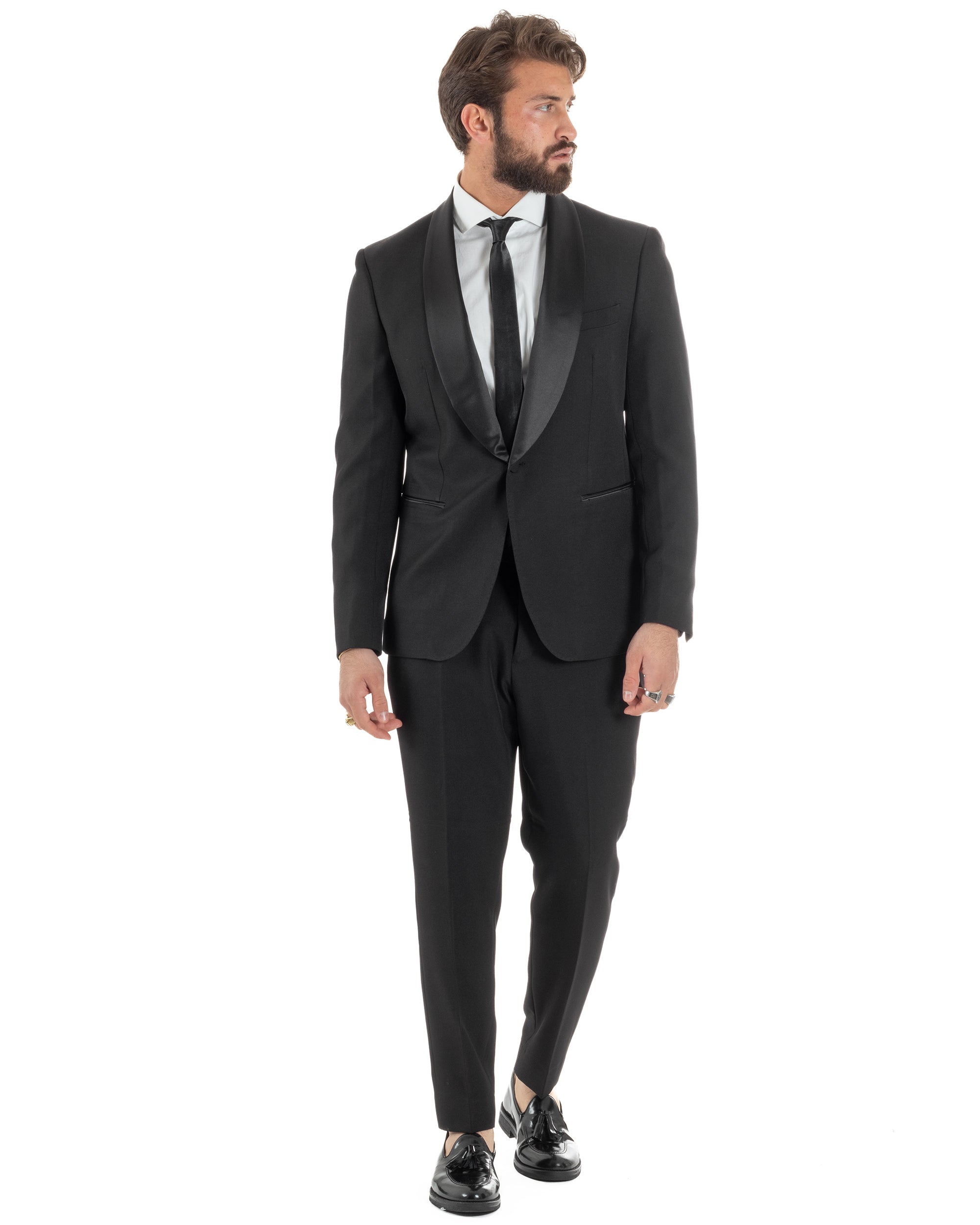 Abito smoking uomo nero monopetto giacca con rever sciallato elegante