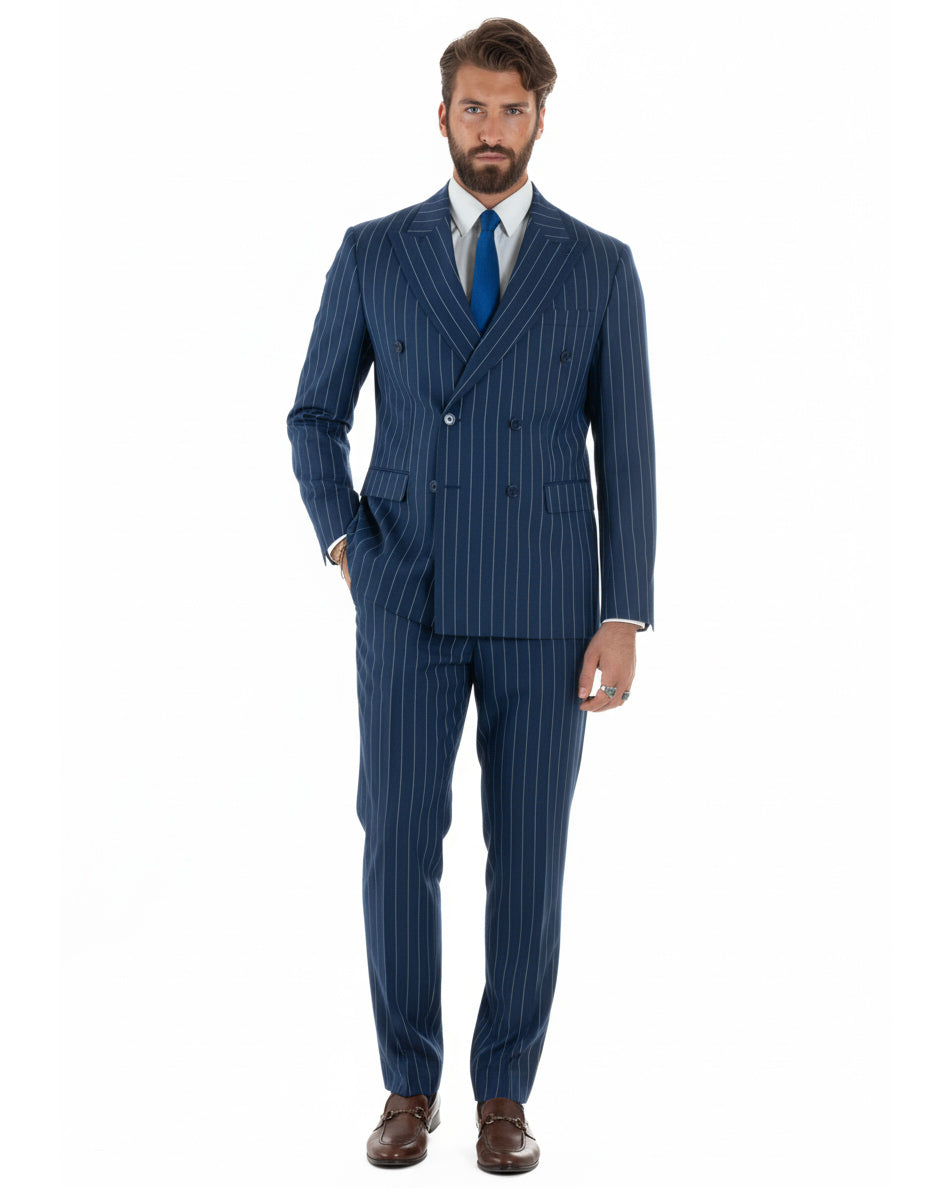 Abito doppiopetto uomo blu gessato giacca e pantaloni sartoriale