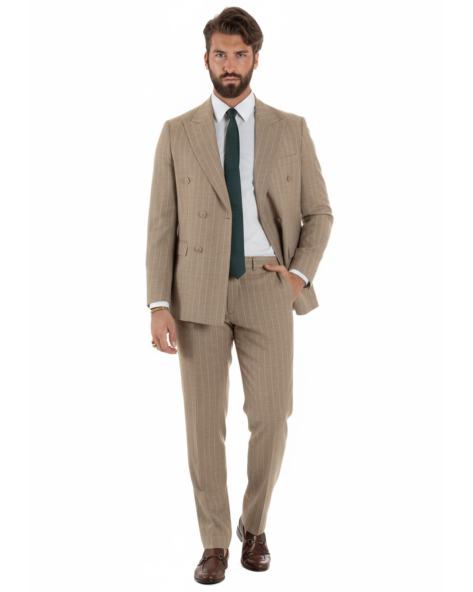 Abito doppiopetto uomo beige gessato giacca e pantaloni sartoriale
