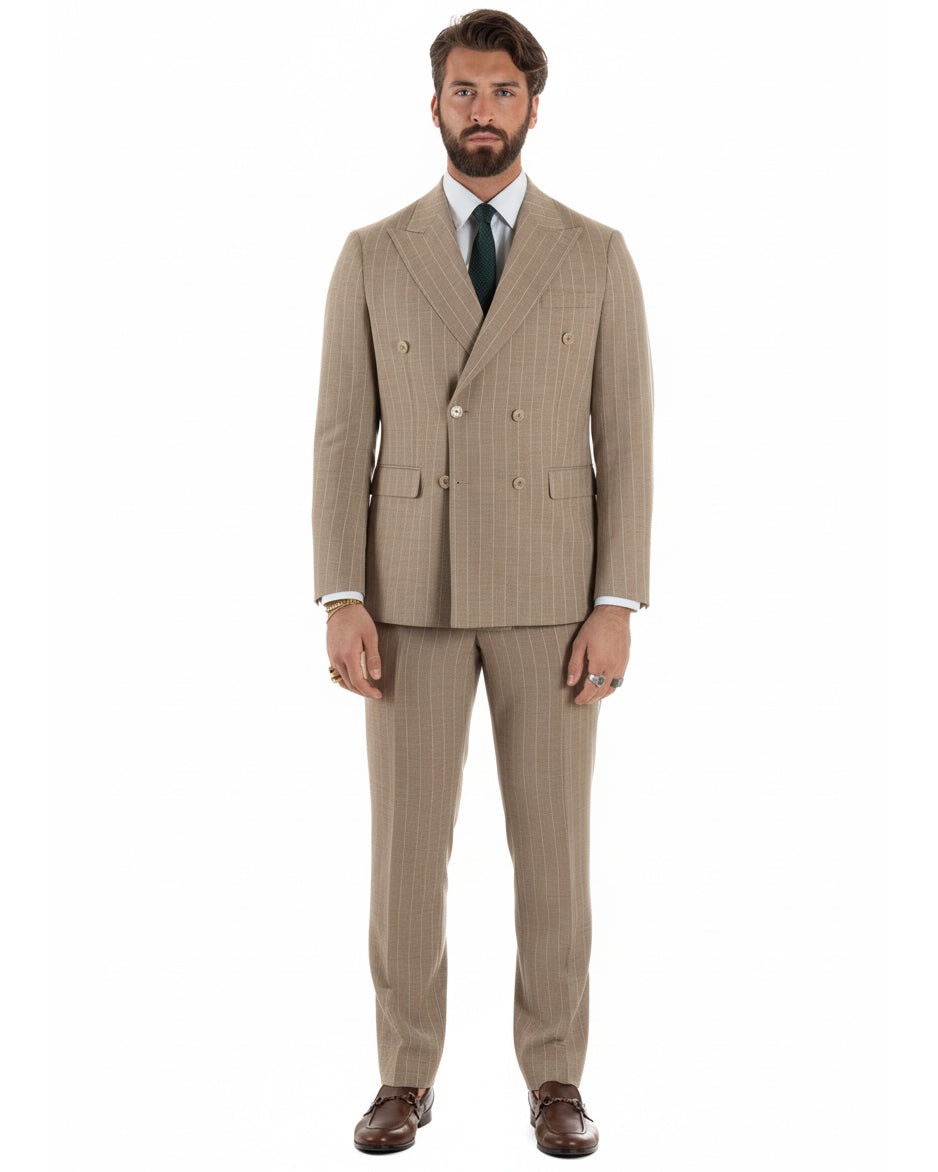  Vista completa abito uomo beige gessato doppiopetto cerimonia formale