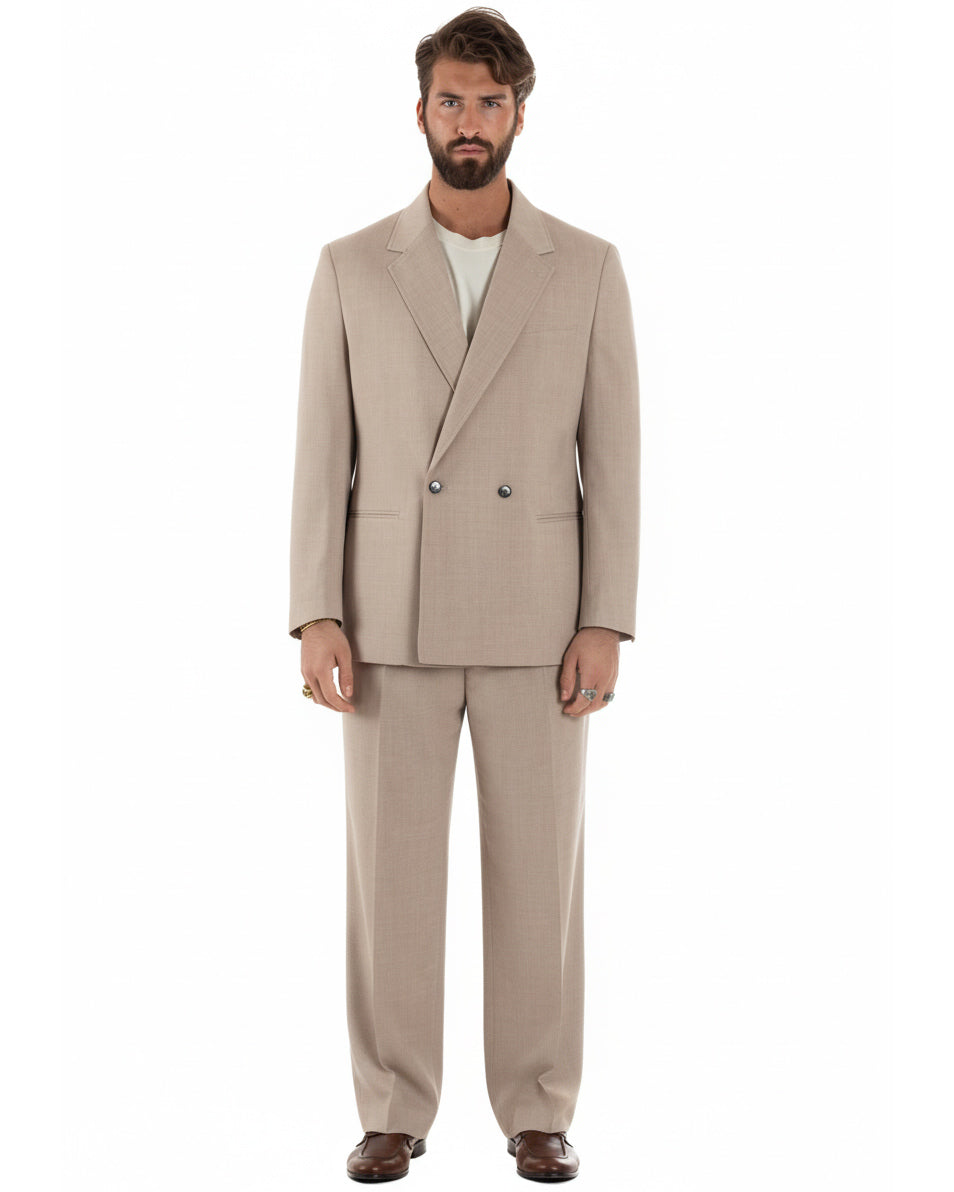 Vista frontale giacca doppiopetto beige baggy fit con due bottoni