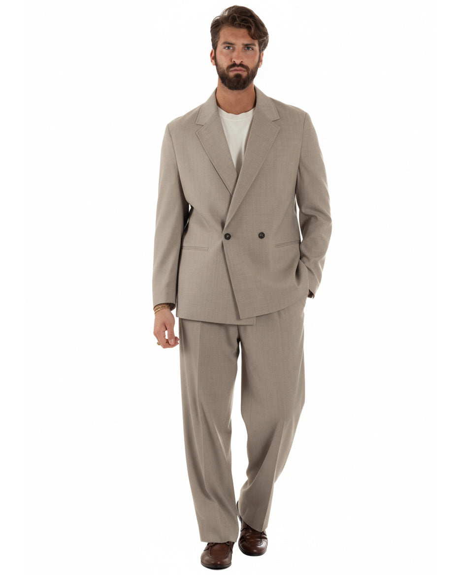 Abito uomo doppiopetto 2 bottoni vestito viscosa over pantaloni baggy beige GIOSAL-AE1216A