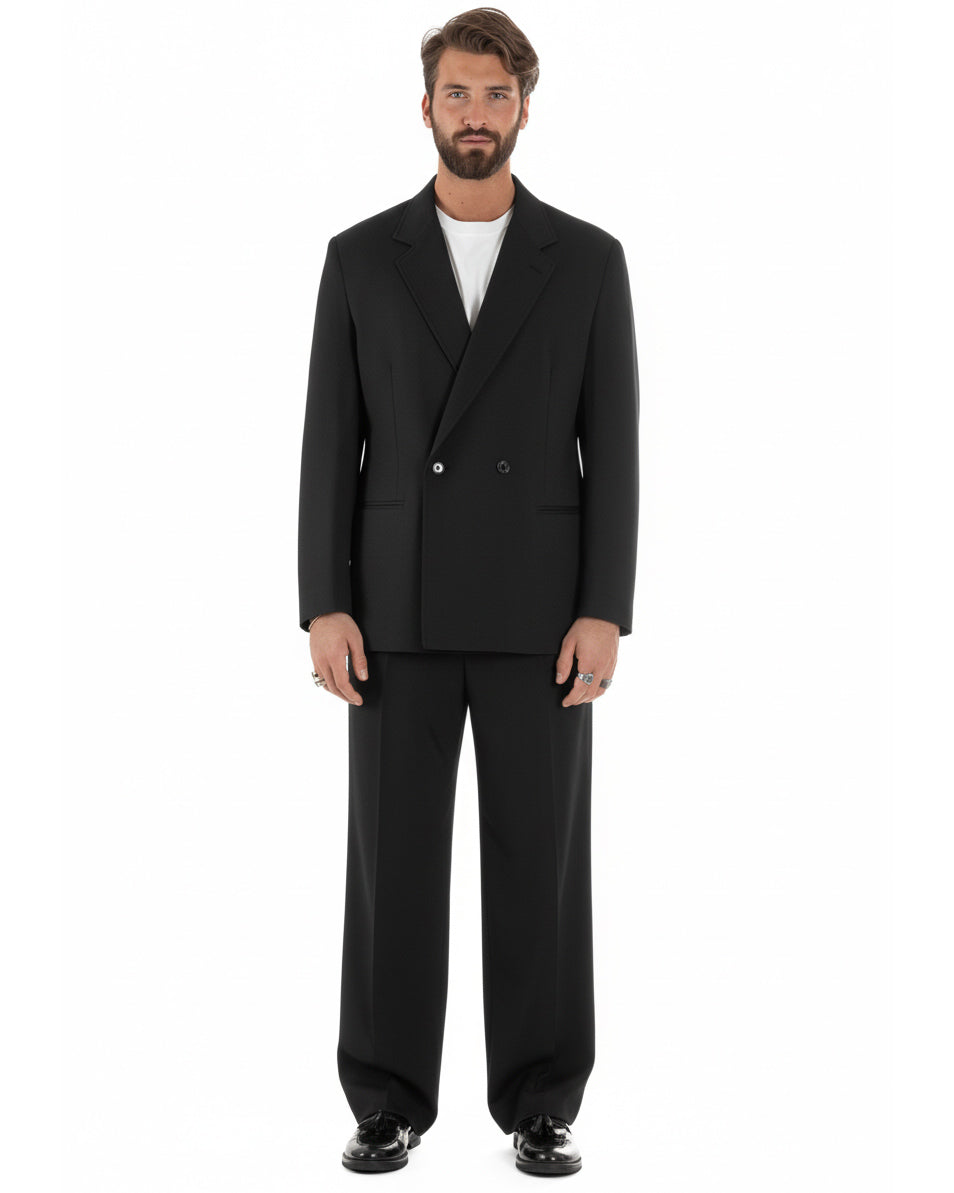 Vista frontale giacca doppiopetto nero baggy fit con due bottoni