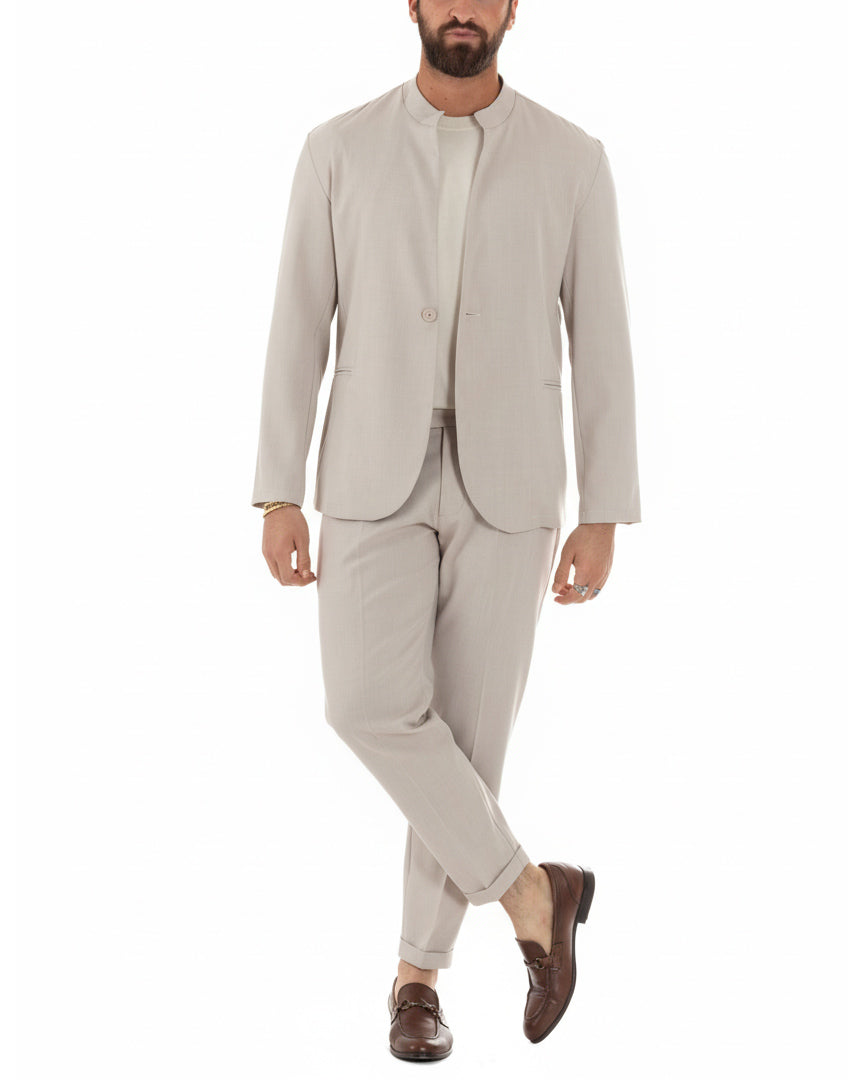 Abito monopetto uomo panna giacca collo coreano pantaloni casual elegante