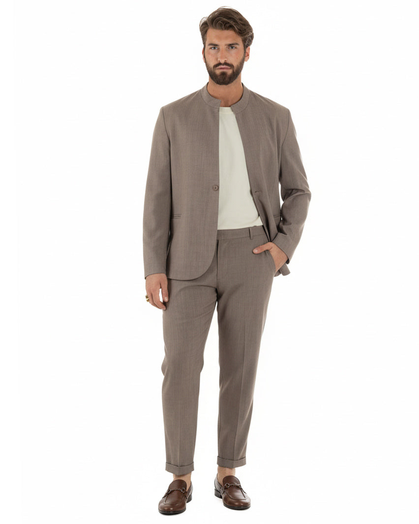 Abito monopetto uomo fango giacca collo coreano pantaloni casual elegante