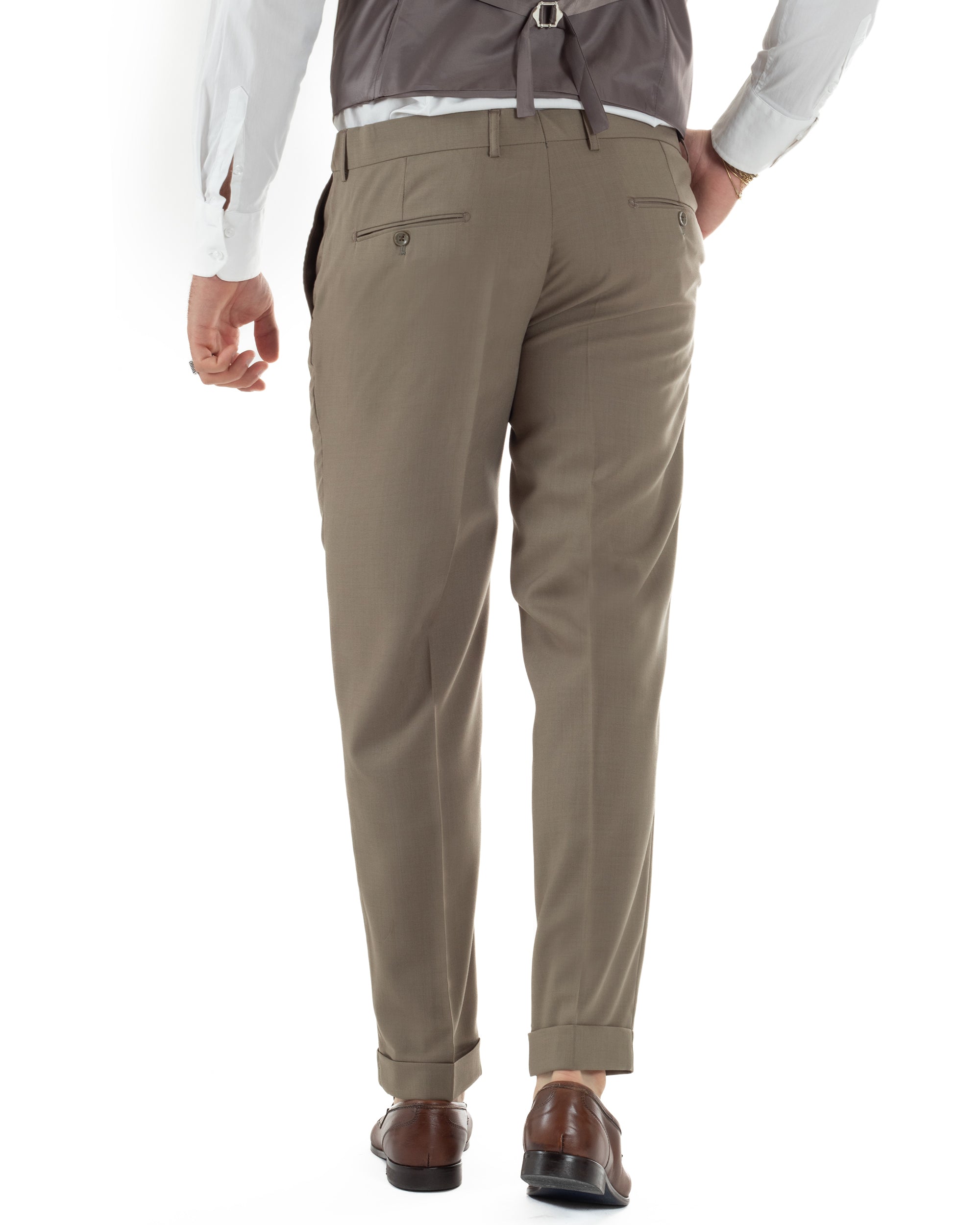 Vista posteriore pantalone abito uomo 3 pezzi tortora