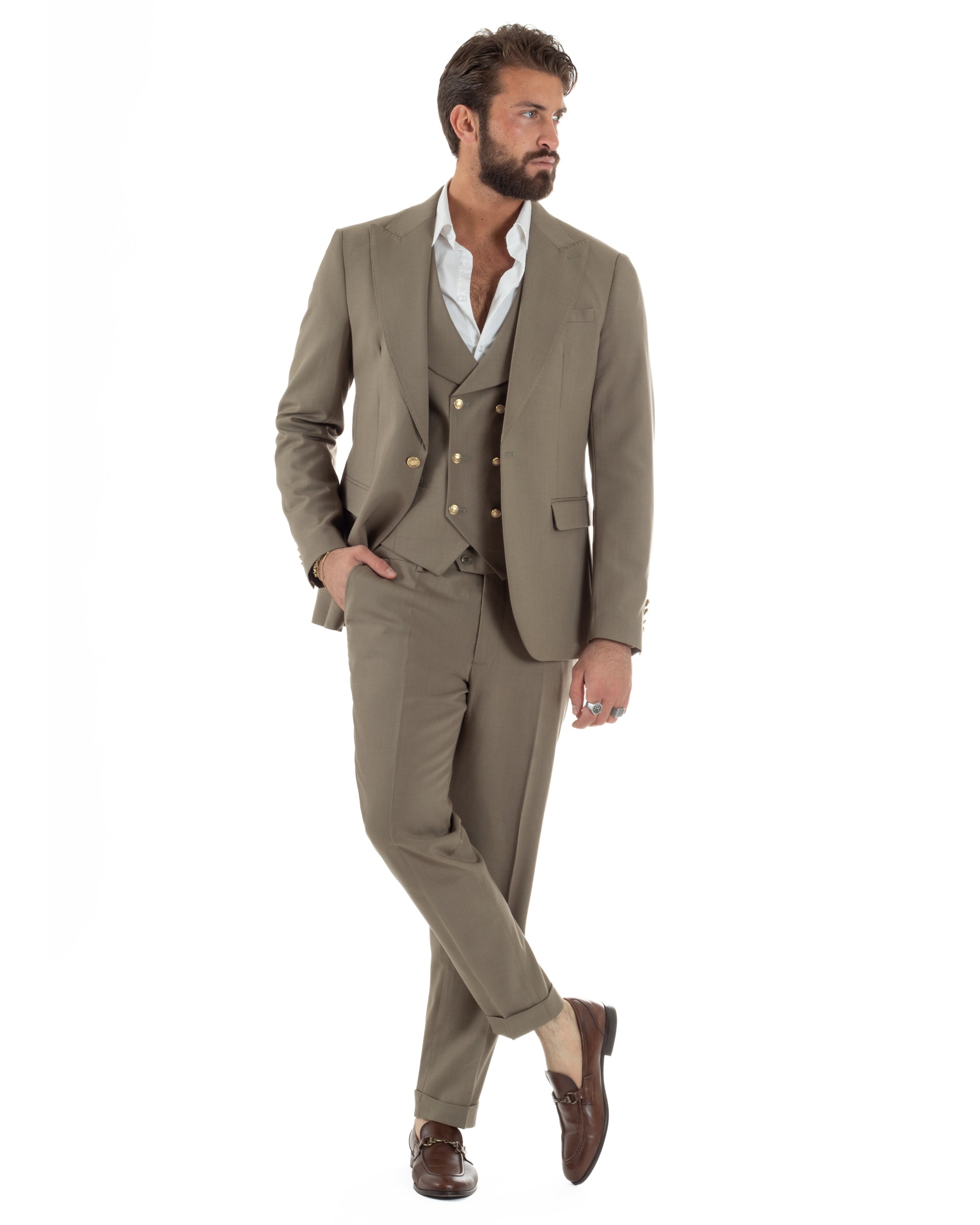 Abito uomo 3 pezzi tortora monopetto panciotto bottoni oro slim fit