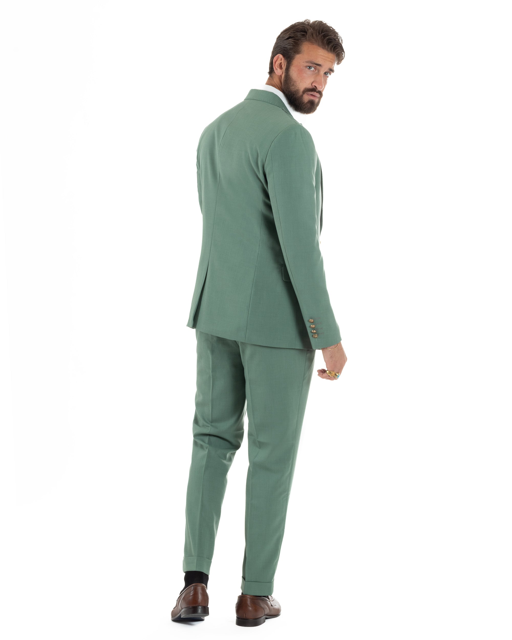 Vista posteriore completa abito uomo verde salvia monopetto 3 pezzi slim fit