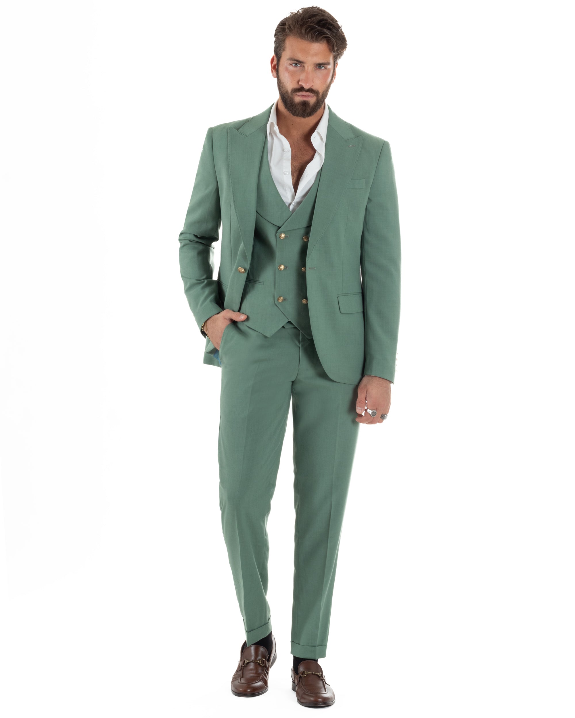 Abito uomo 3 pezzi verde salvia monopetto panciotto bottoni oro slim fit