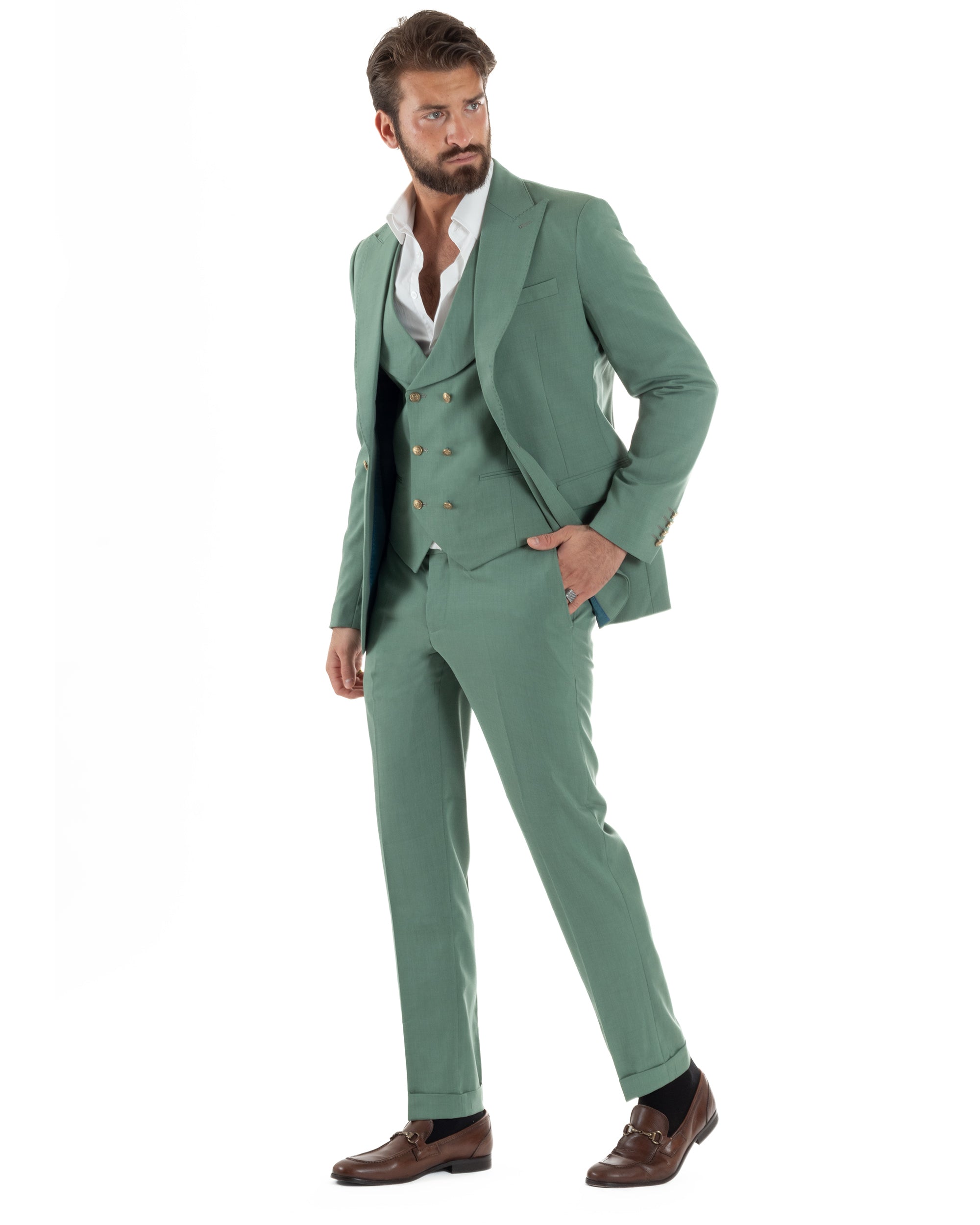 Vista laterale abito uomo 3 pezzi verde salvia monopetto slim fit elegante