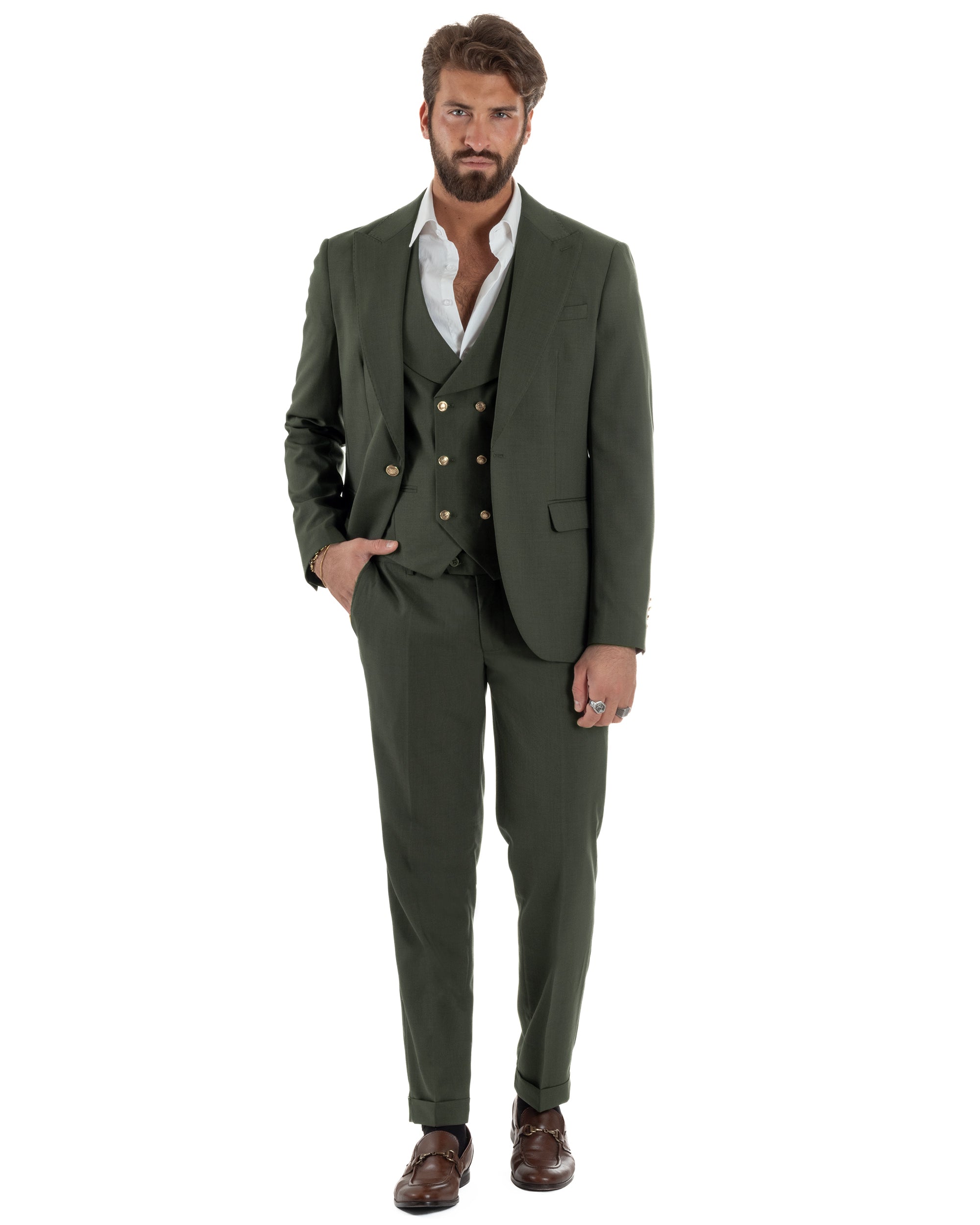 Abito uomo vestito monopetto 3 pezzi panciotto bottoni oro verde militare GIOSAL-AE1226A