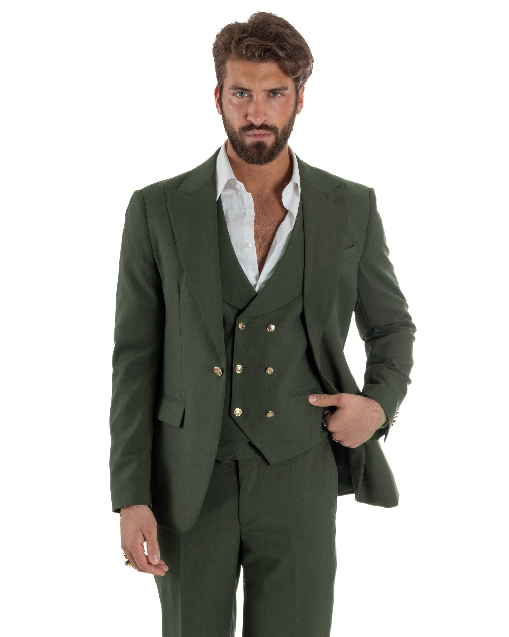 Abito uomo vestito monopetto 3 pezzi panciotto bottoni oro verde militare GIOSAL-AE1226A