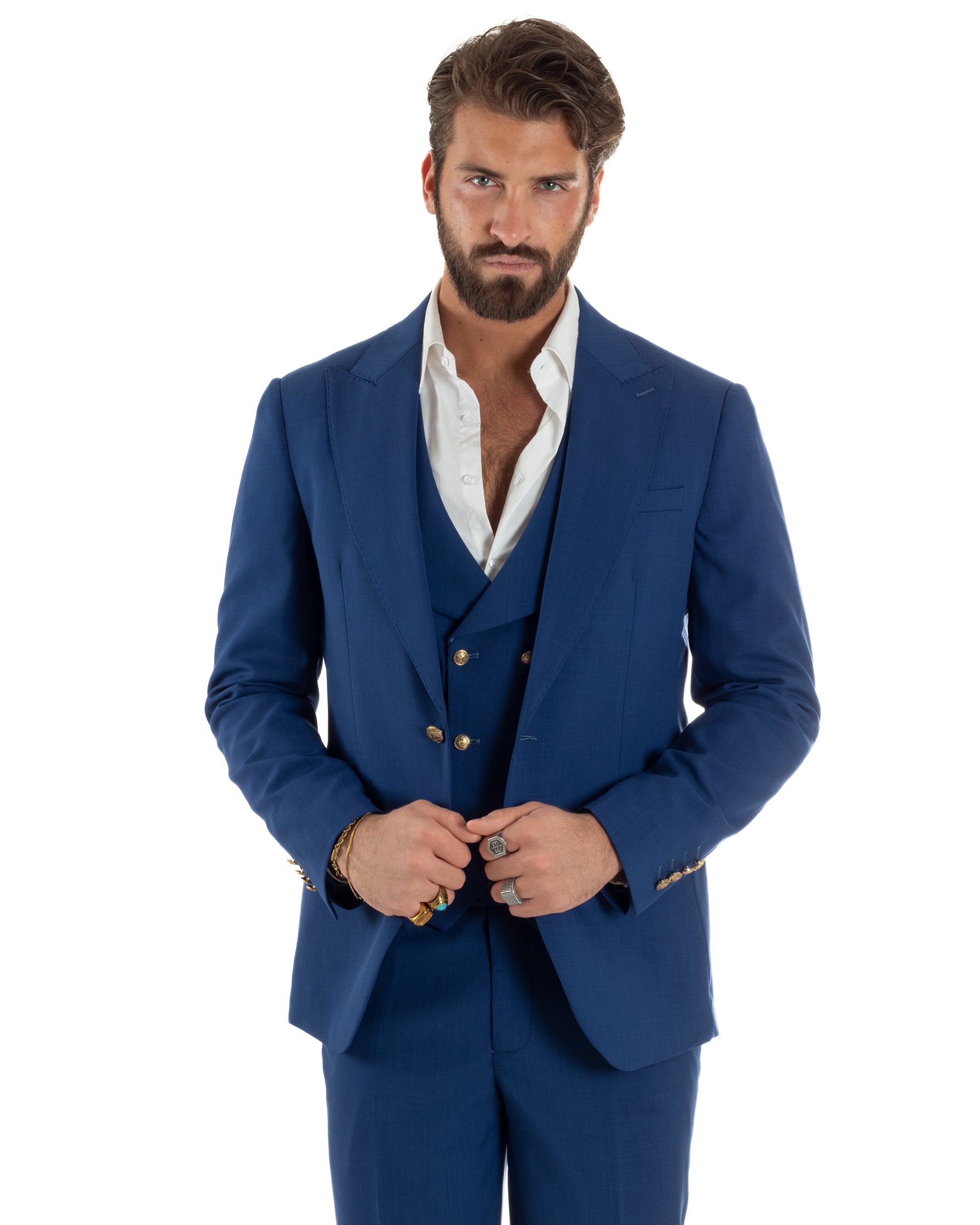 Abito uomo vestito monopetto 3 pezzi panciotto bottoni oro blu royal GIOSAL-AE1227A