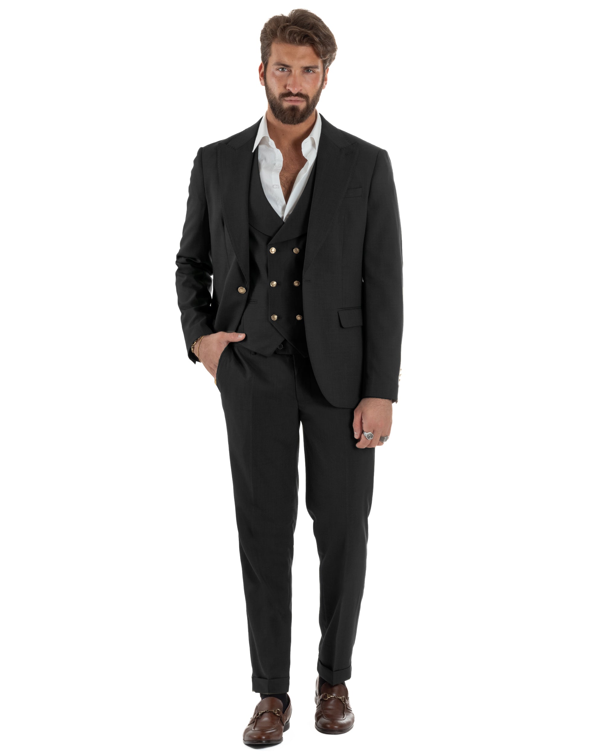 Abito uomo vestito monopetto 3 pezzi panciotto bottoni oro nero GIOSAL-AE1228A