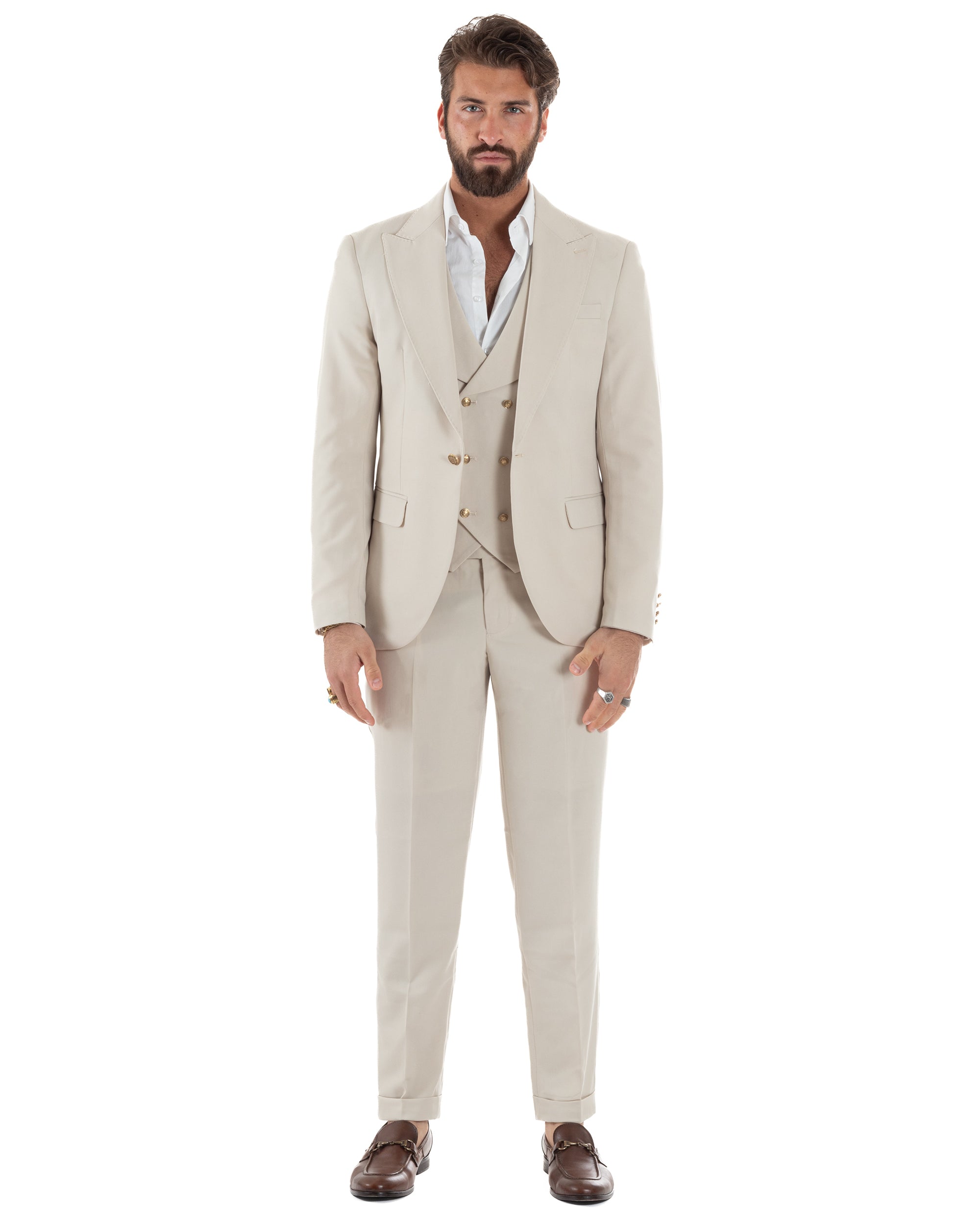Abito uomo vestito monopetto 3 pezzi panciotto bottoni oro panna GIOSAL-AE1229A