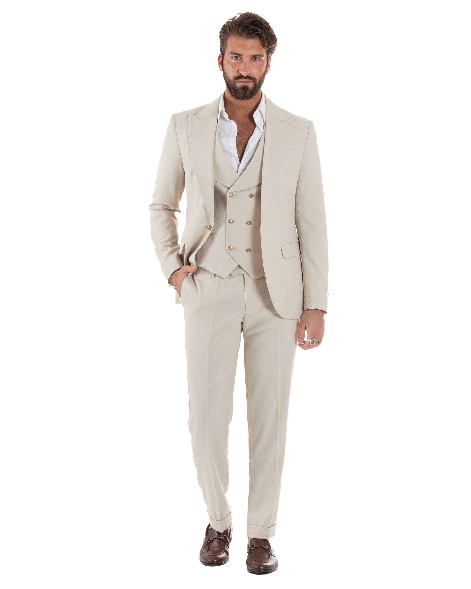 Abito uomo vestito monopetto 3 pezzi panciotto bottoni oro panna GIOSAL-AE1229A
