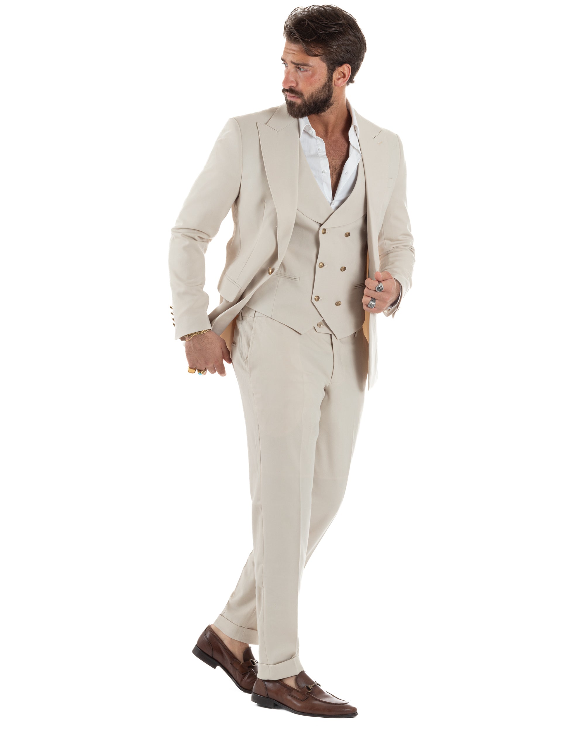 Abito uomo vestito monopetto 3 pezzi panciotto bottoni oro panna GIOSAL-AE1229A