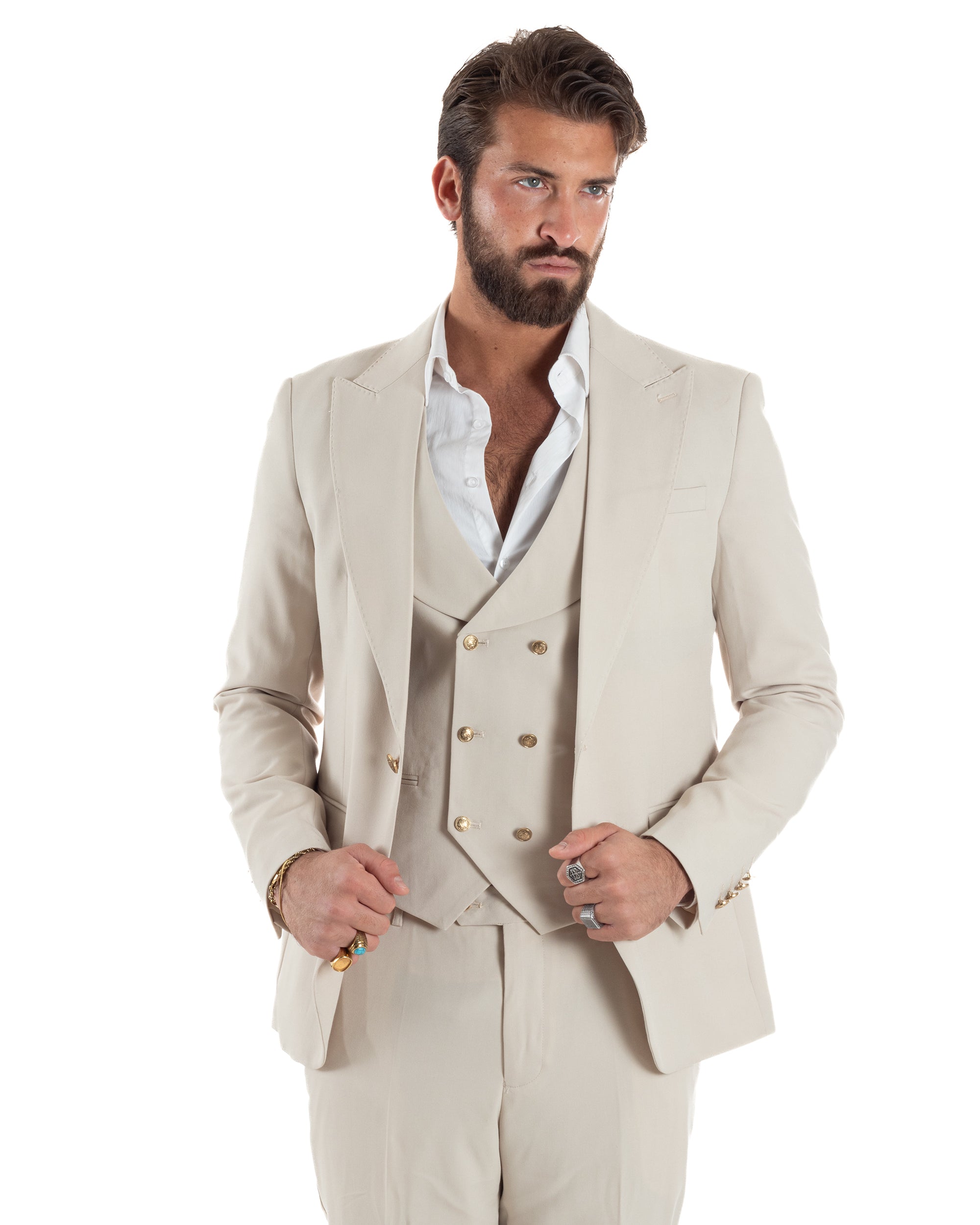 Abito uomo vestito monopetto 3 pezzi panciotto bottoni oro panna GIOSAL-AE1229A