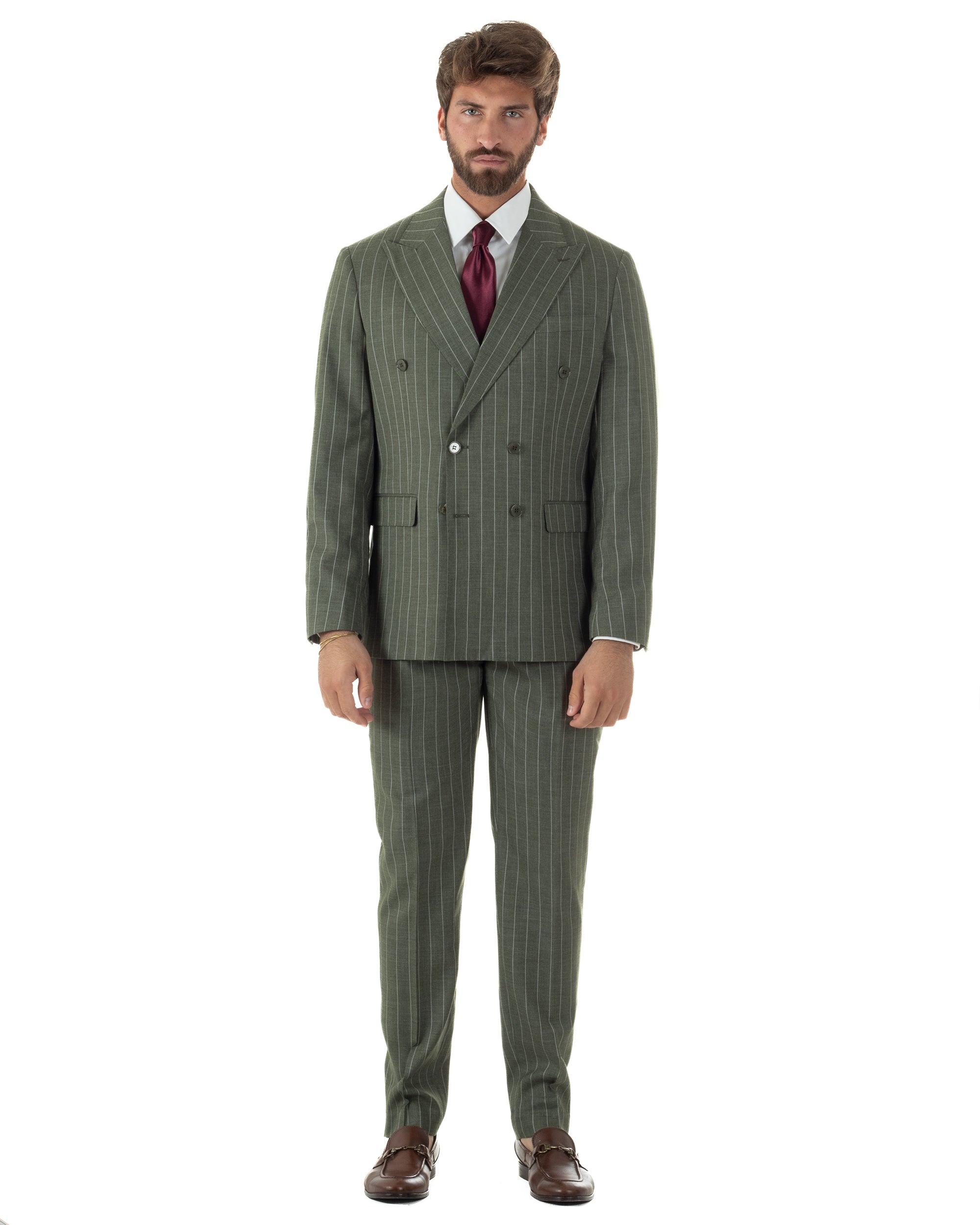 Vista frontale completa abito verde gessato doppiopetto revers classici uomo