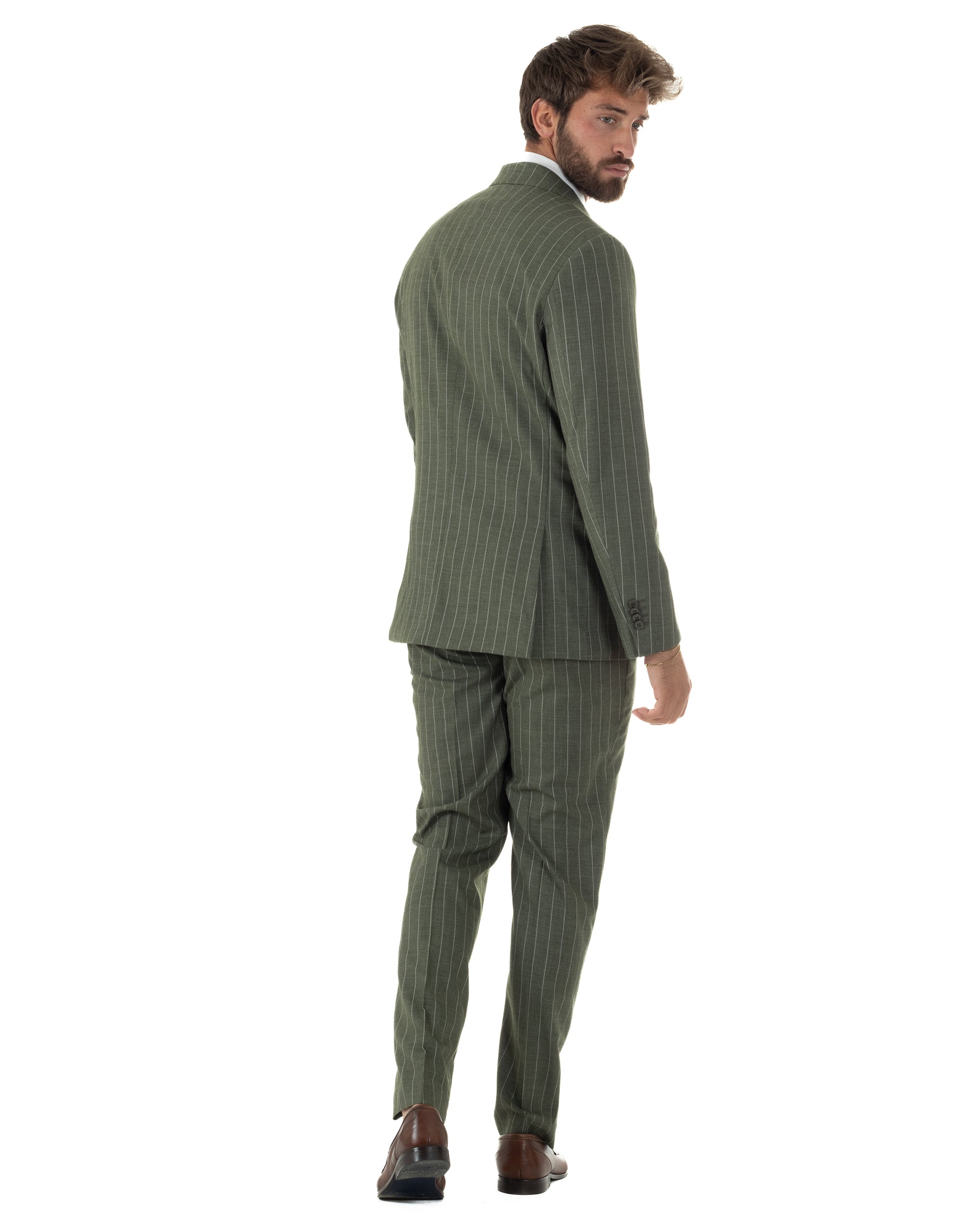  Vista posteriore giacca doppiopetto verde gessato sartoriale uomo