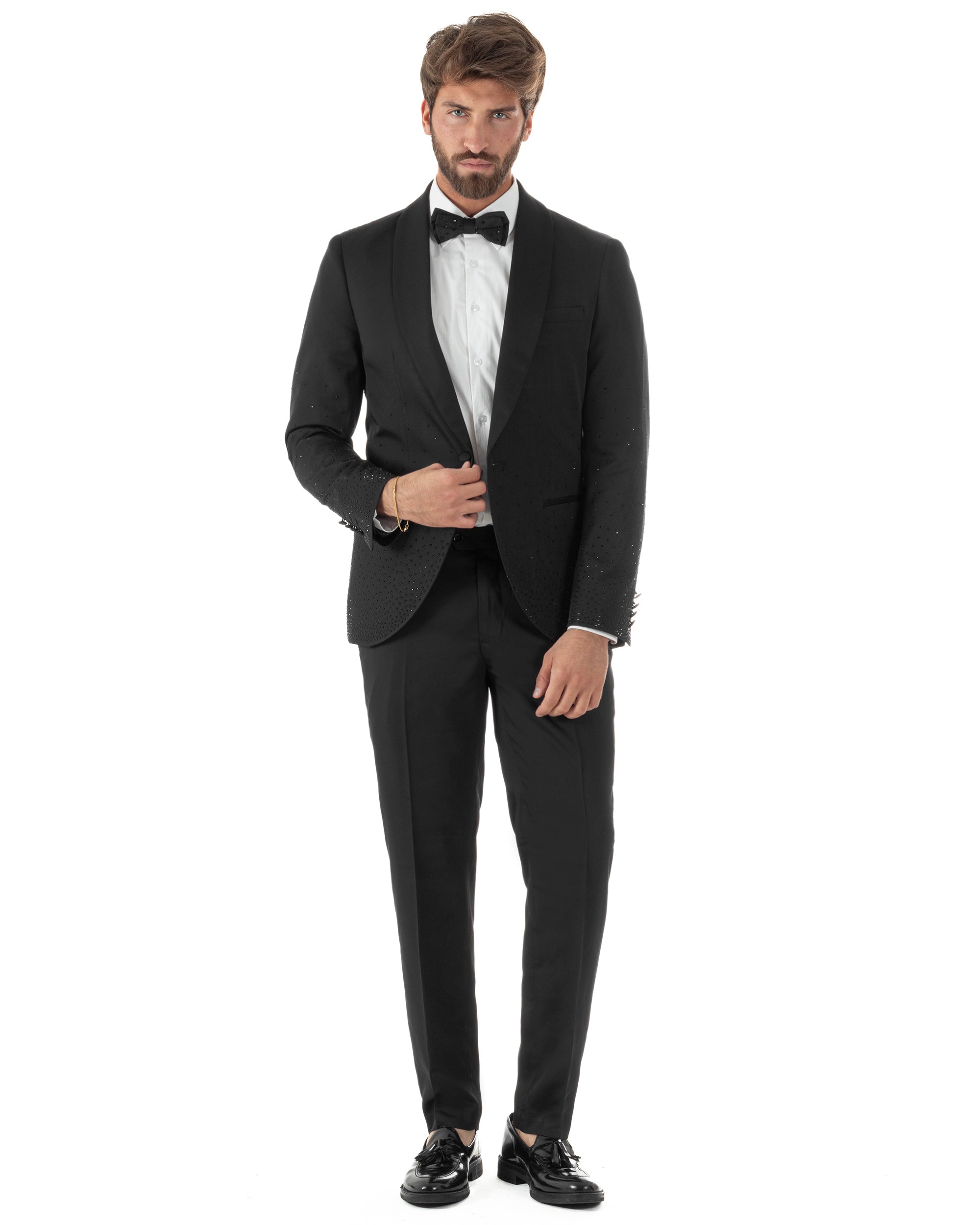 Abito uomo smoking nero brillantinato micro strass rever sciallato slim fit