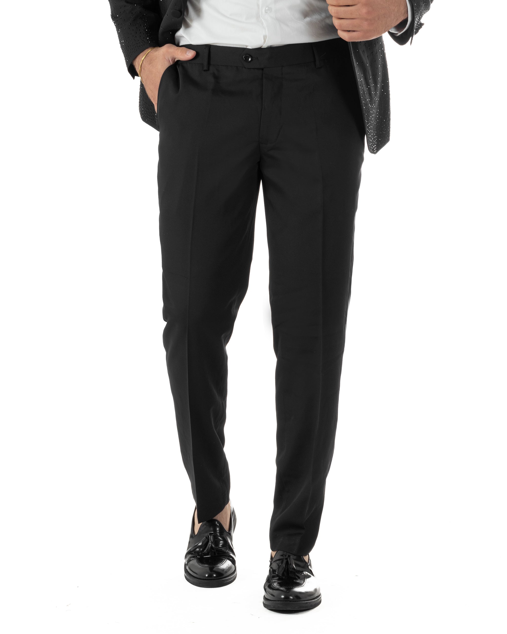 Vista frontale pantalone smoking nero rever sciallato micro strass elegante formale