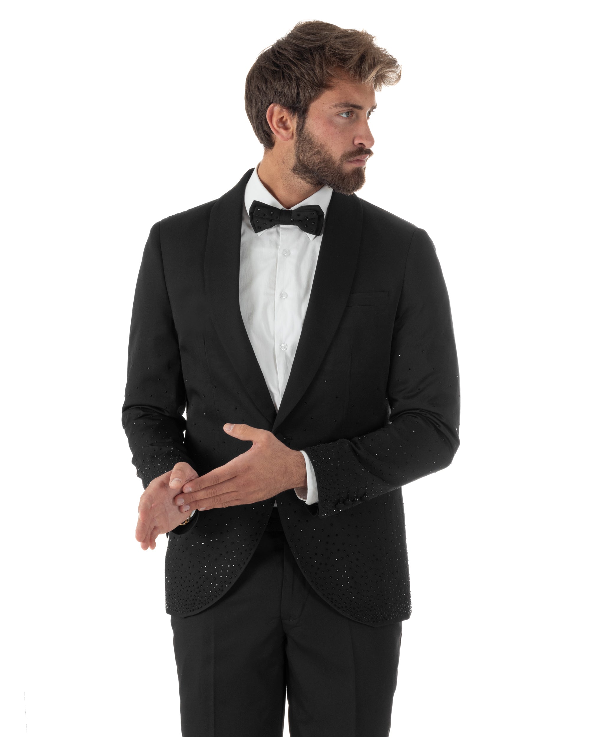 Vista frontale completa smoking nero micro strass pantaloni sigaretta slim fit