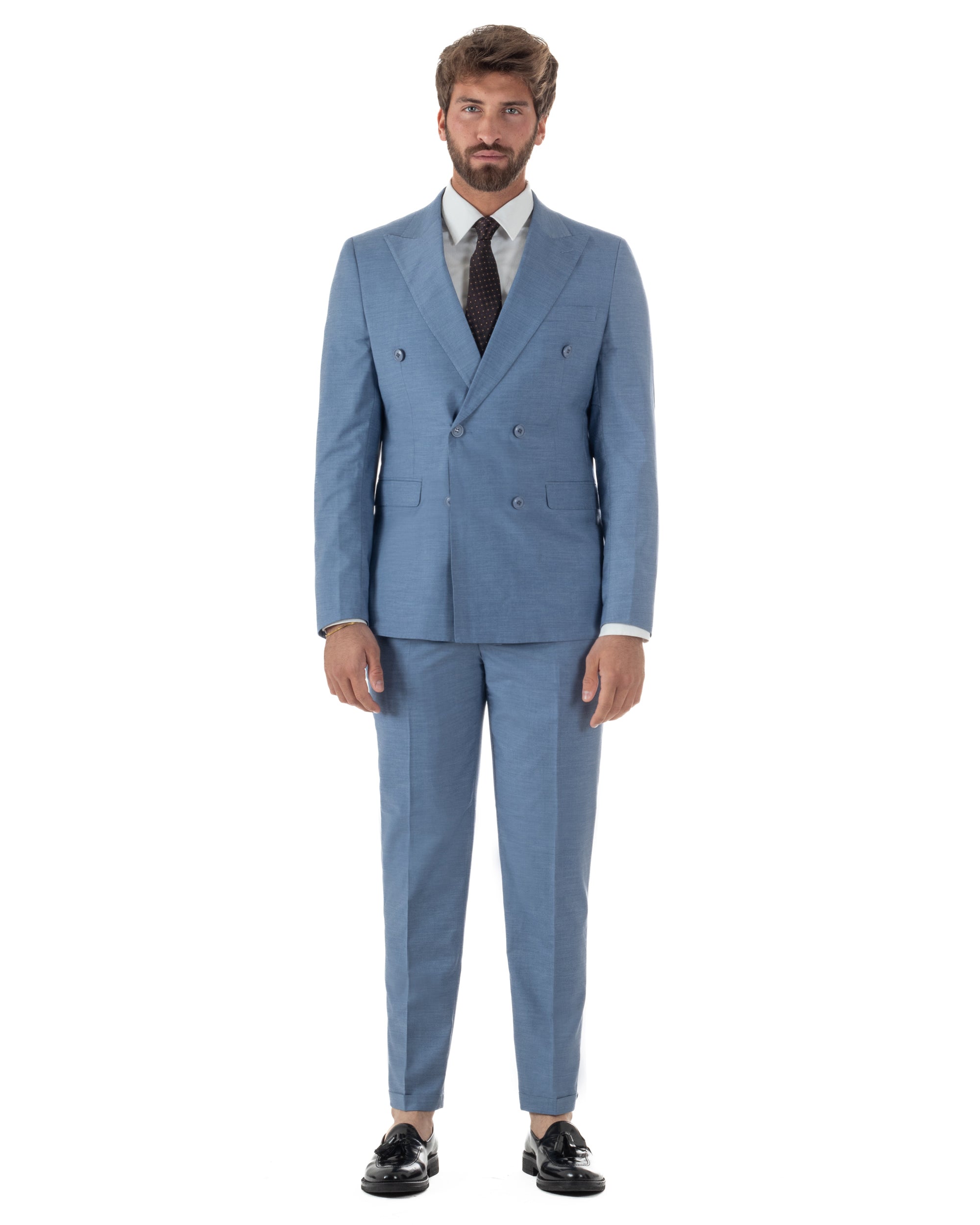 Vista frontale giacca doppiopetto denim chiusura incrociata slim fit uomo