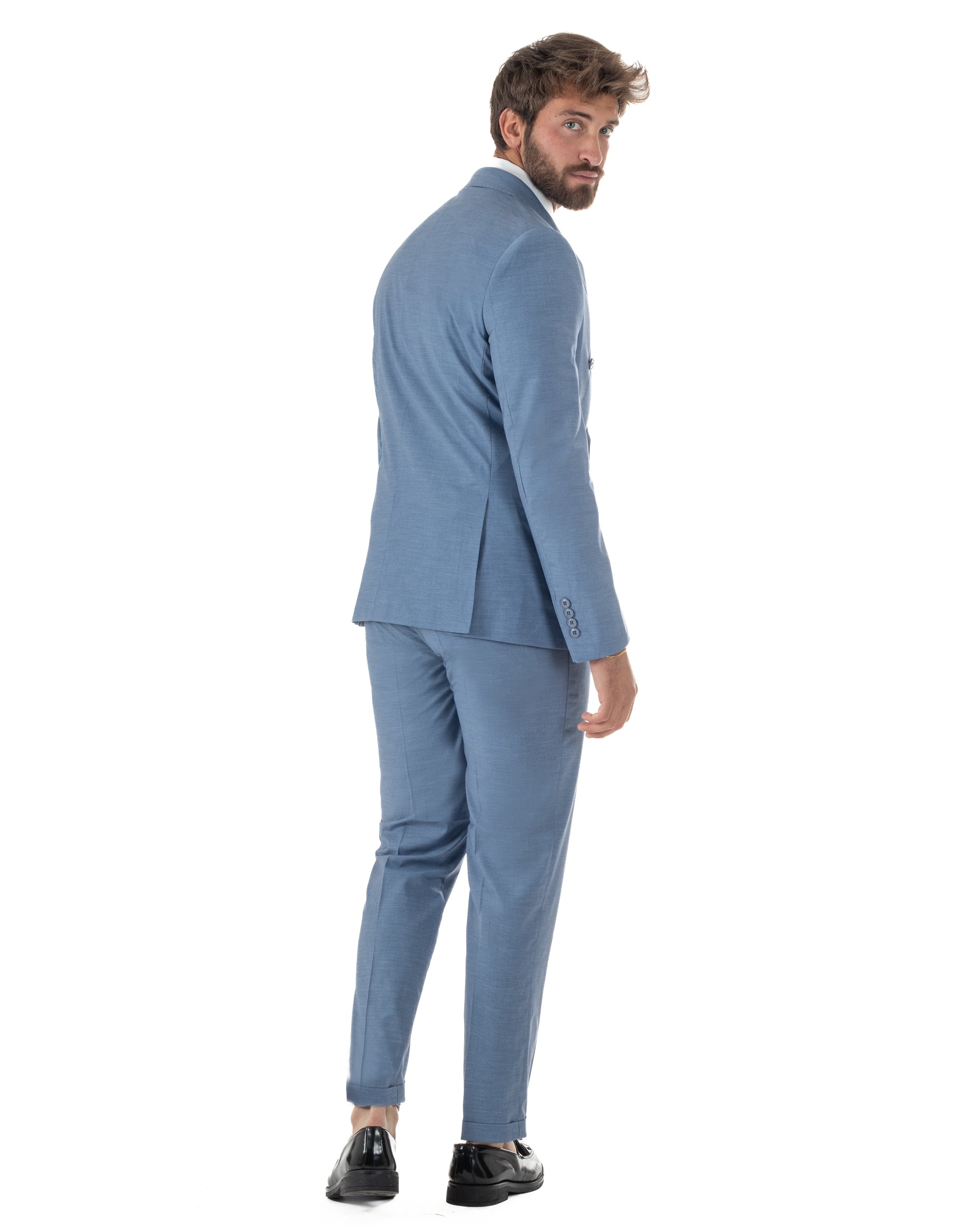 Vista laterale abito uomo denim doppiopetto viscosa slim fit strutturato