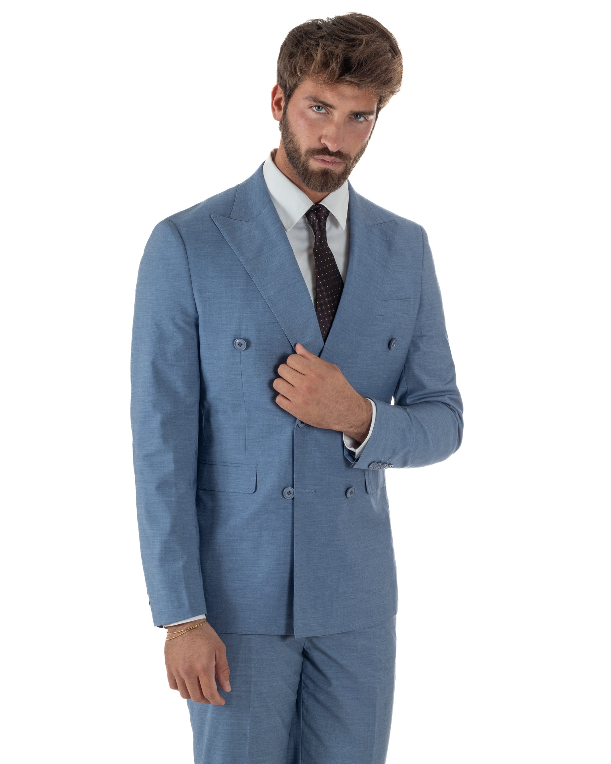 Vista frontale completa abito denim doppiopetto 6 bottoni revers a lancia uomo