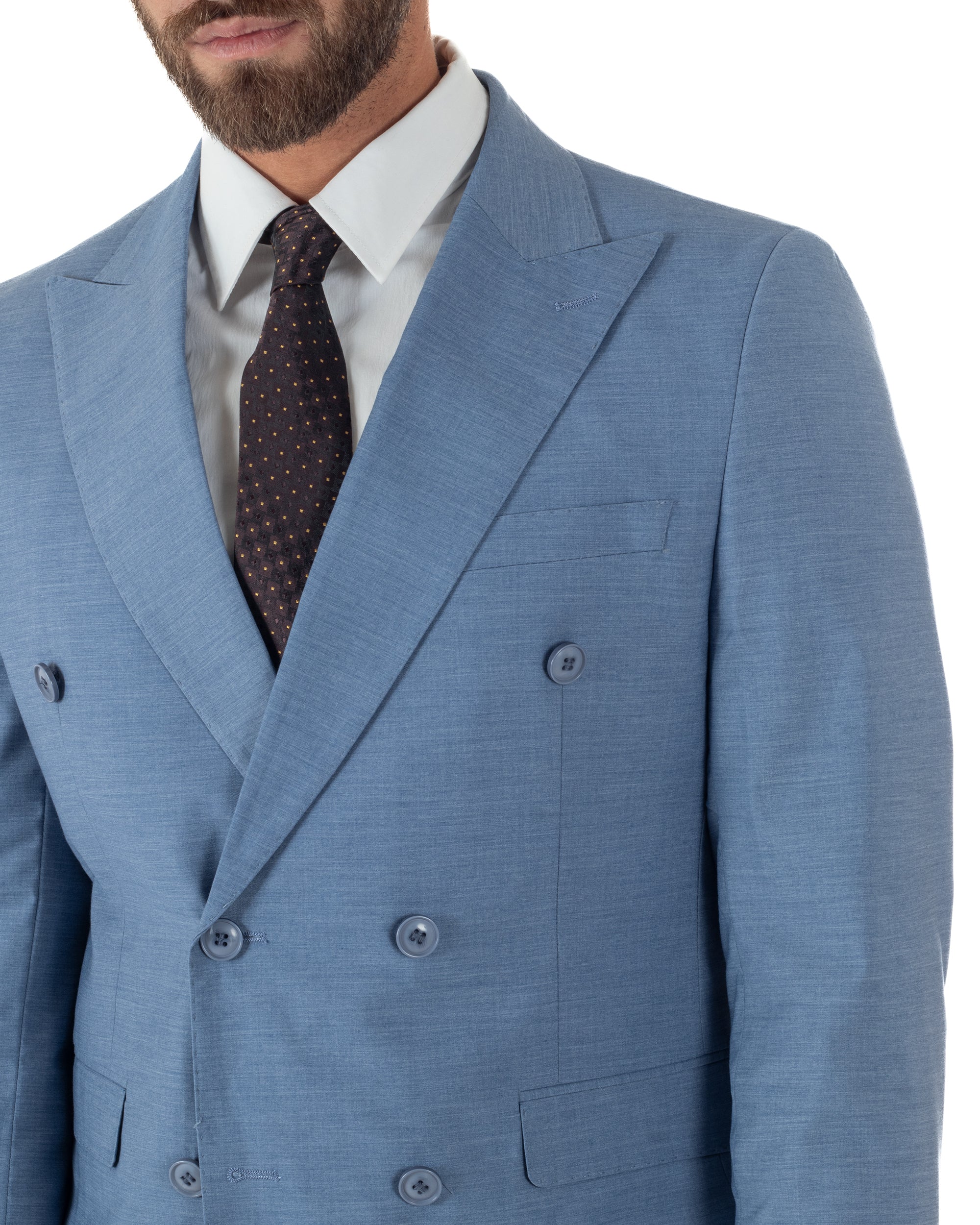 Dettaglio giacca doppiopetto denim 6 bottoni doppia fila revers a lancia