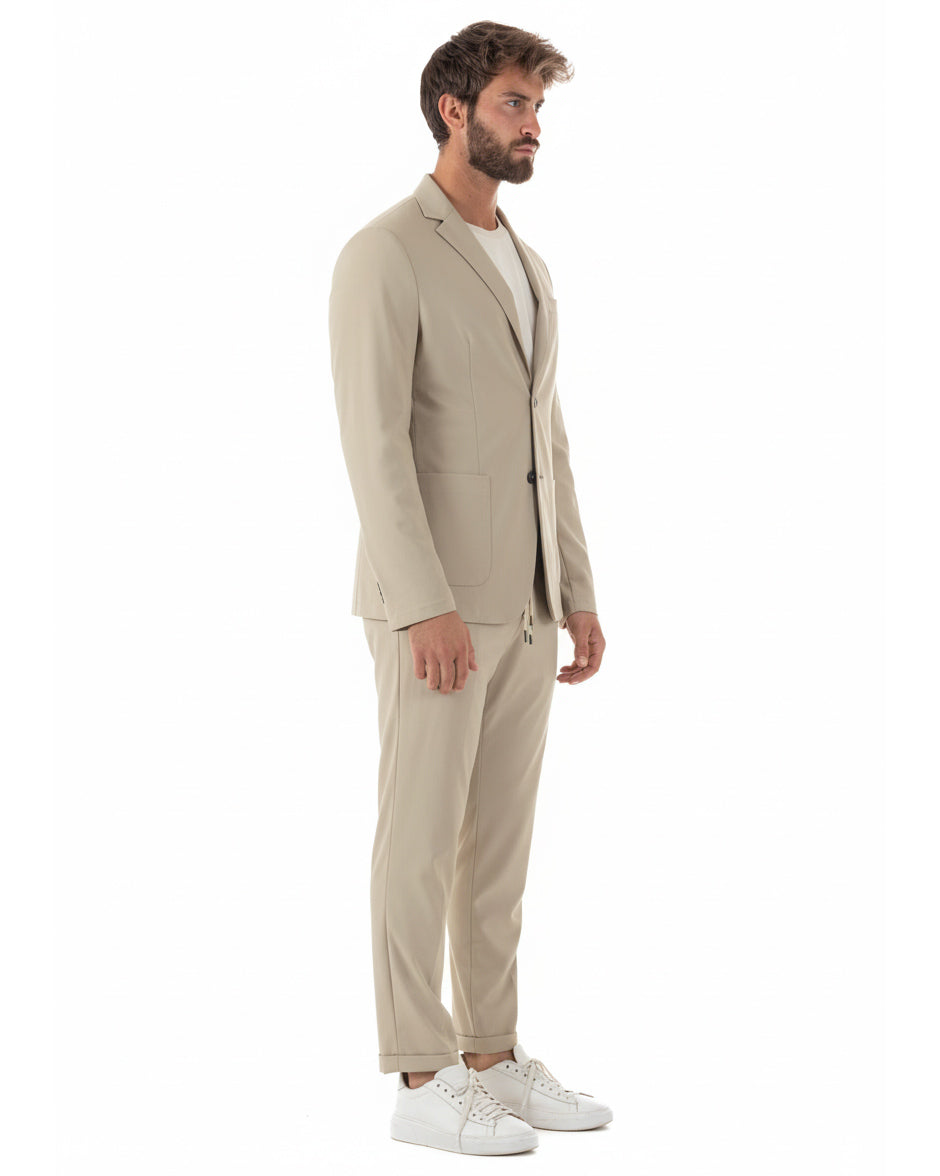 Vista completa abito uomo beige monopetto no stiro lavoro eventi