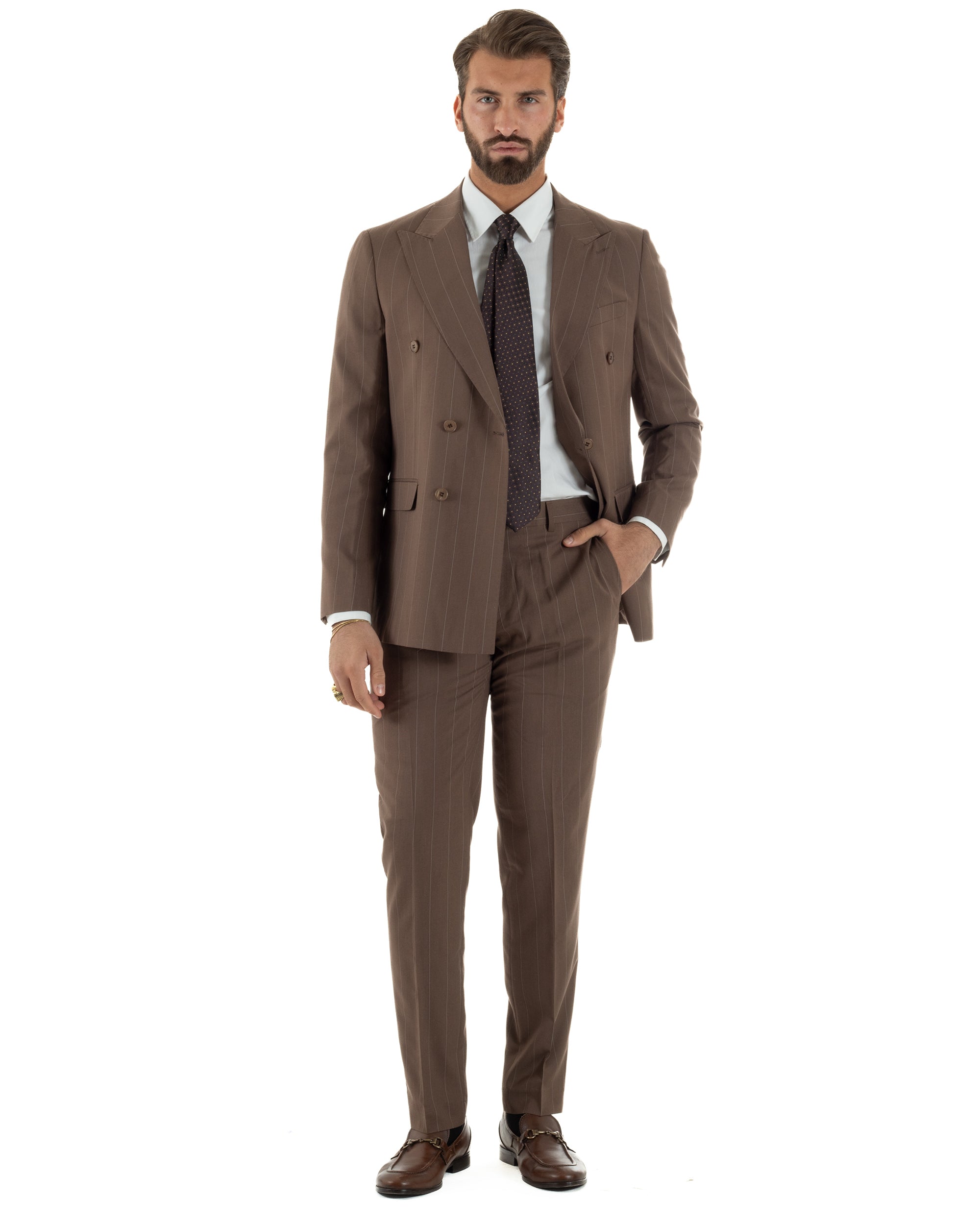 Abito uomo doppiopetto vestito gessato sartoriale rigato sottile marrone GIOSAL-AE1240A