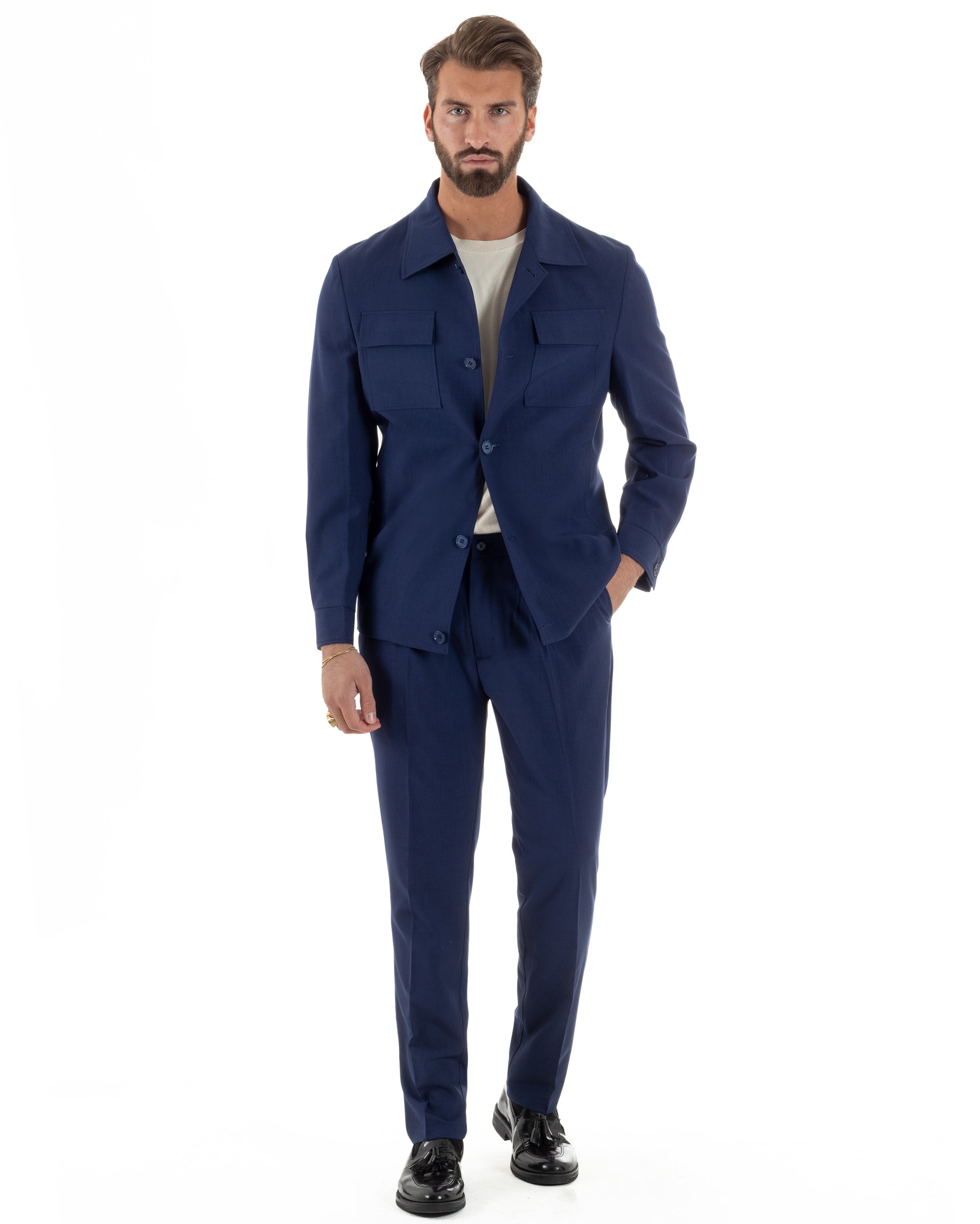 Vestito uomo viscosa completo giacca camicia sahariana pantaloni blu GIOSAL-AE1242A