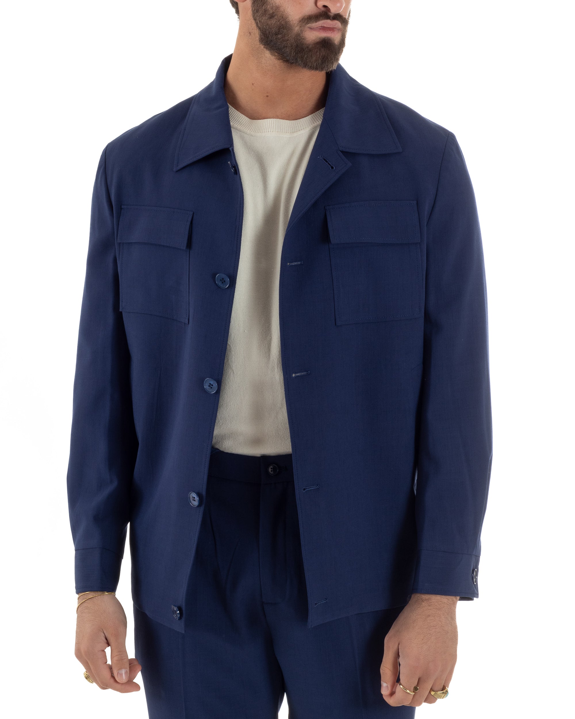 Vestito uomo viscosa completo giacca camicia sahariana pantaloni blu GIOSAL-AE1242A