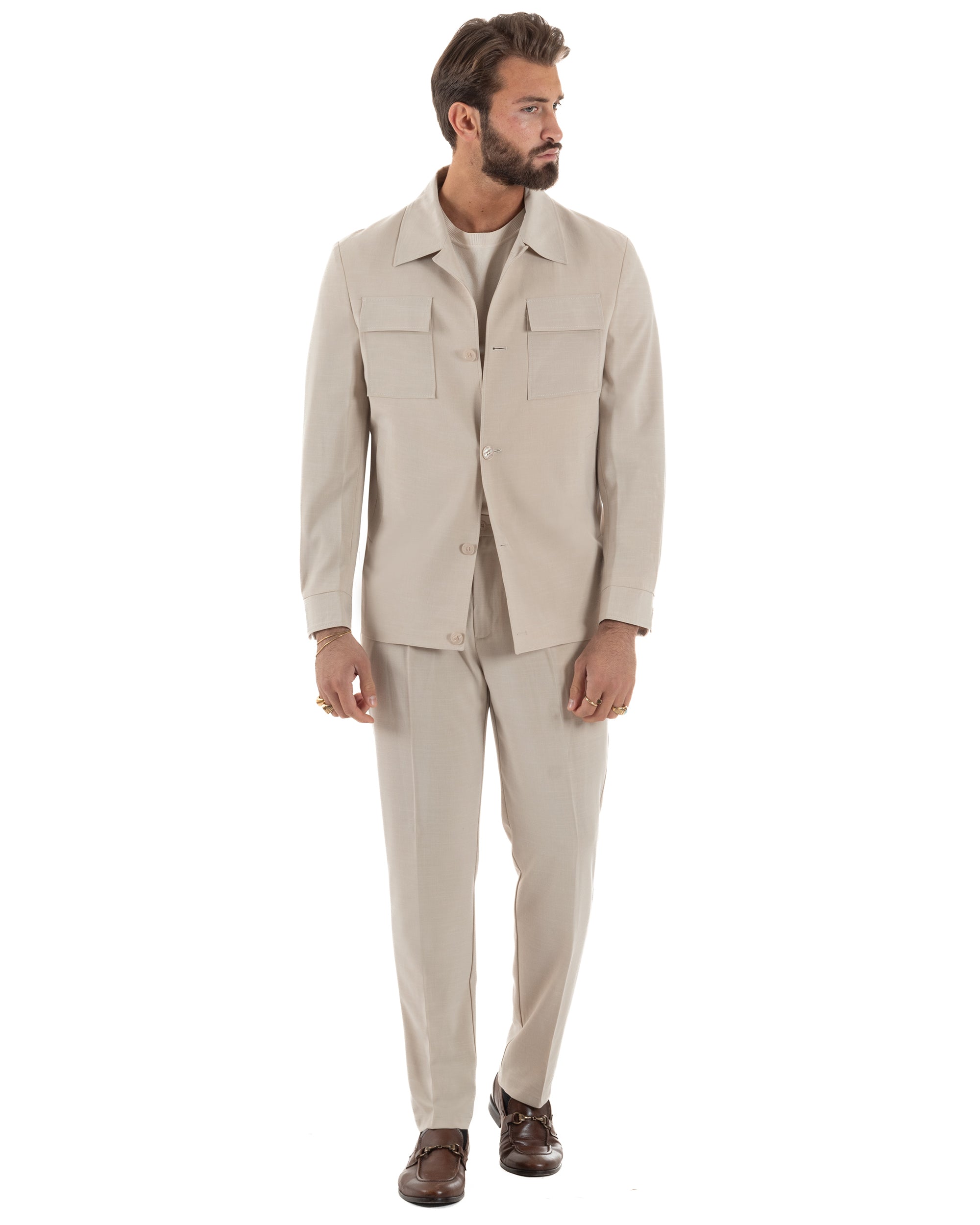 Vestito uomo viscosa completo giacca camicia sahariana pantaloni beige GIOSAL-AE1243A
