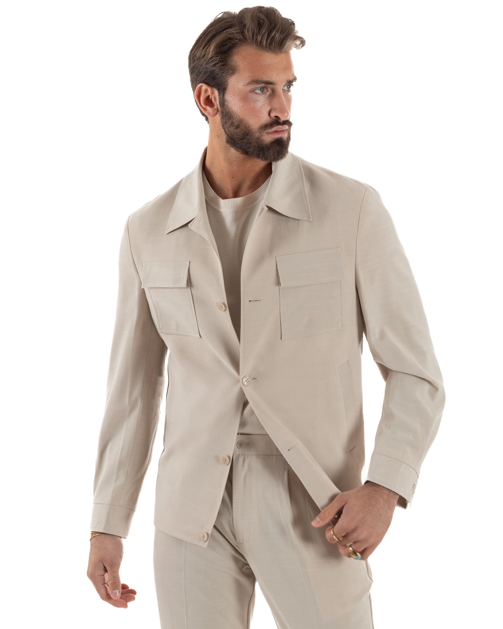 Vestito uomo viscosa completo giacca camicia sahariana pantaloni beige GIOSAL-AE1243A