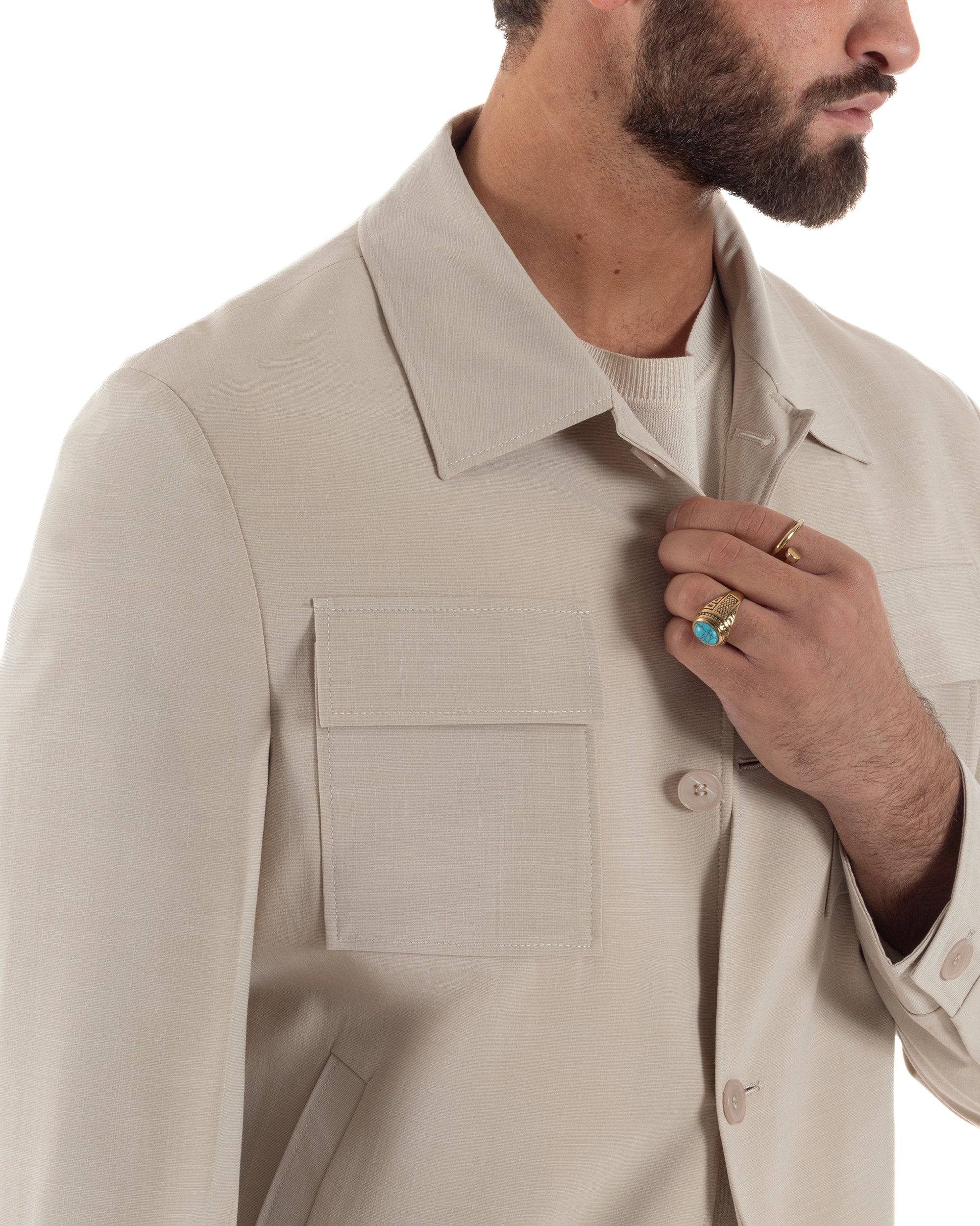 Vestito uomo viscosa completo giacca camicia sahariana pantaloni beige GIOSAL-AE1243A