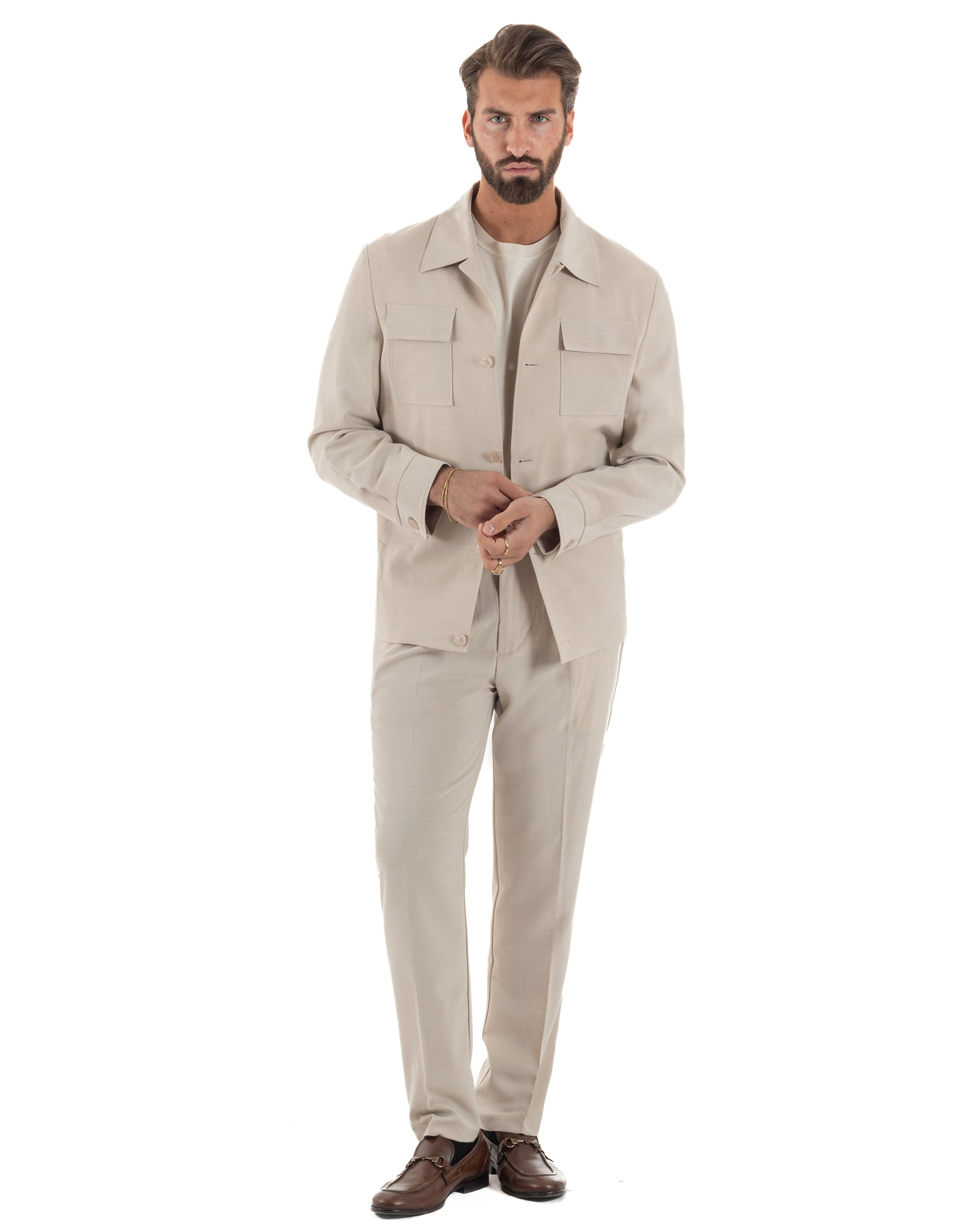Vestito uomo viscosa completo giacca camicia sahariana pantaloni beige GIOSAL-AE1243A