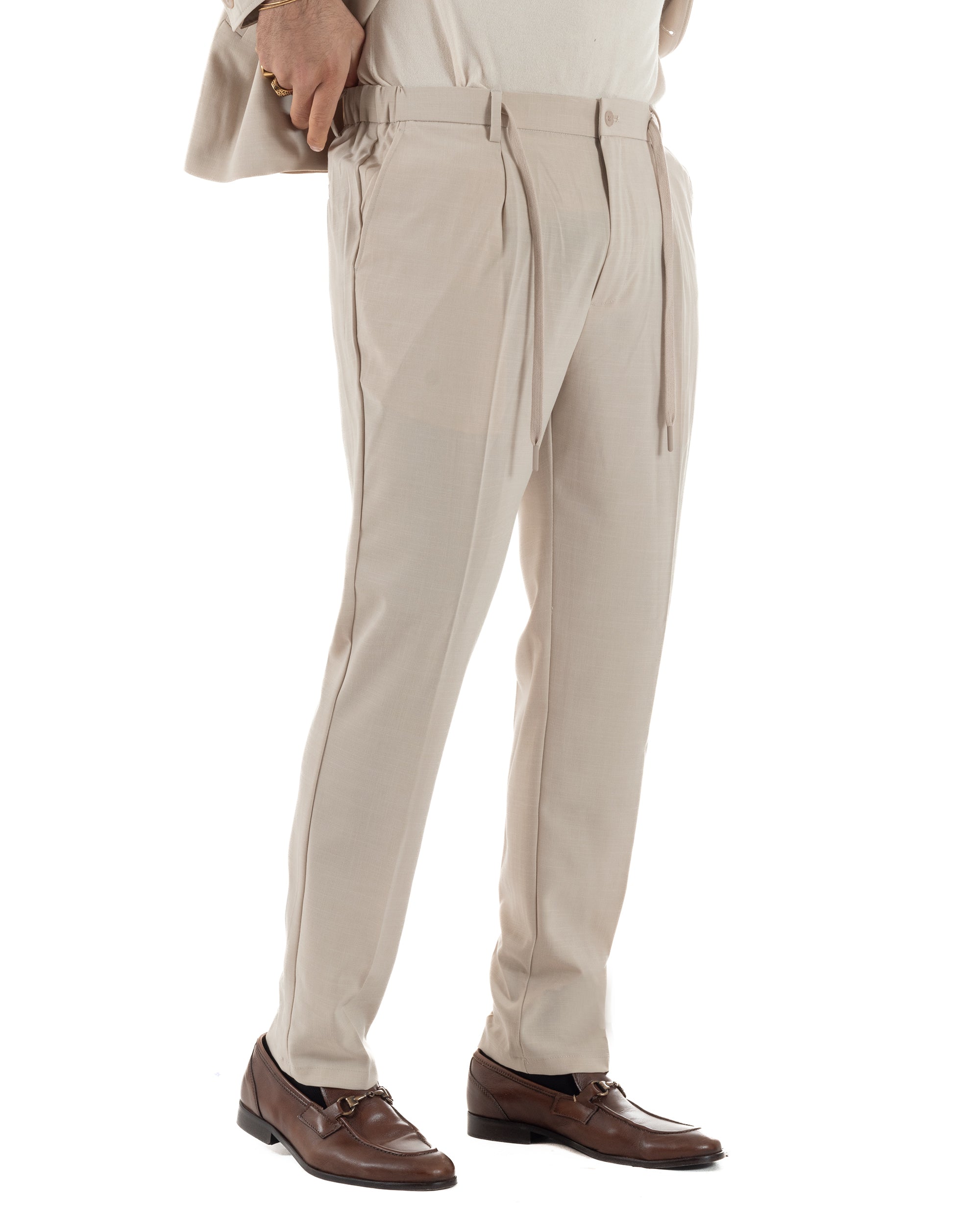 Vestito uomo viscosa completo giacca camicia sahariana pantaloni beige GIOSAL-AE1243A