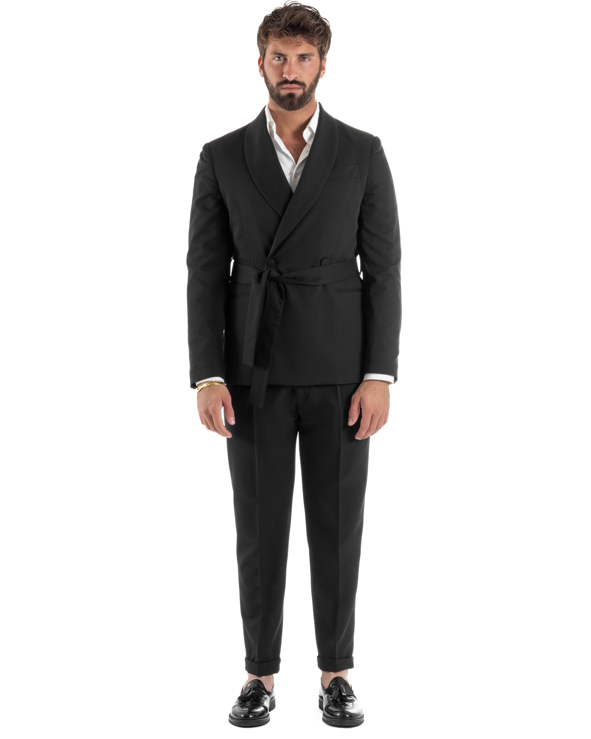 Abito uomo completo doppiopetto rever scialle cintura pantaloni pinces nero BlackSunday AE1245A