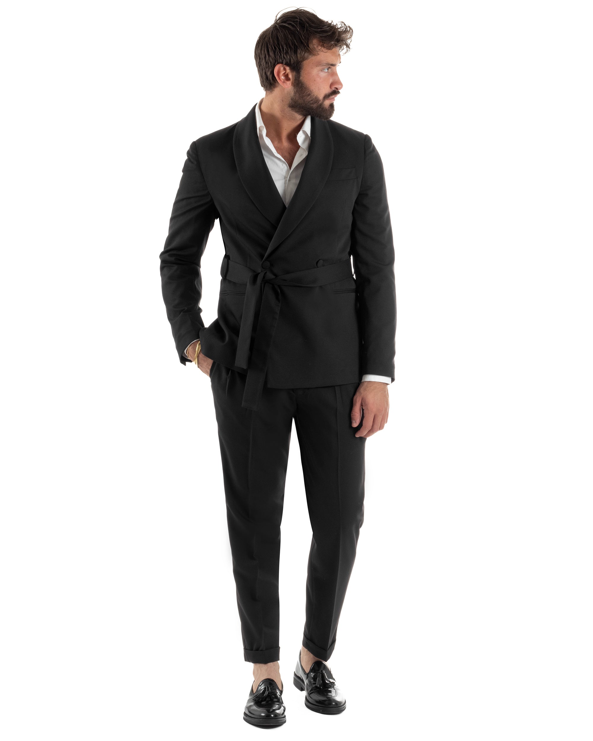 Abito uomo completo doppiopetto rever scialle cintura pantaloni pinces nero BlackSunday AE1245A