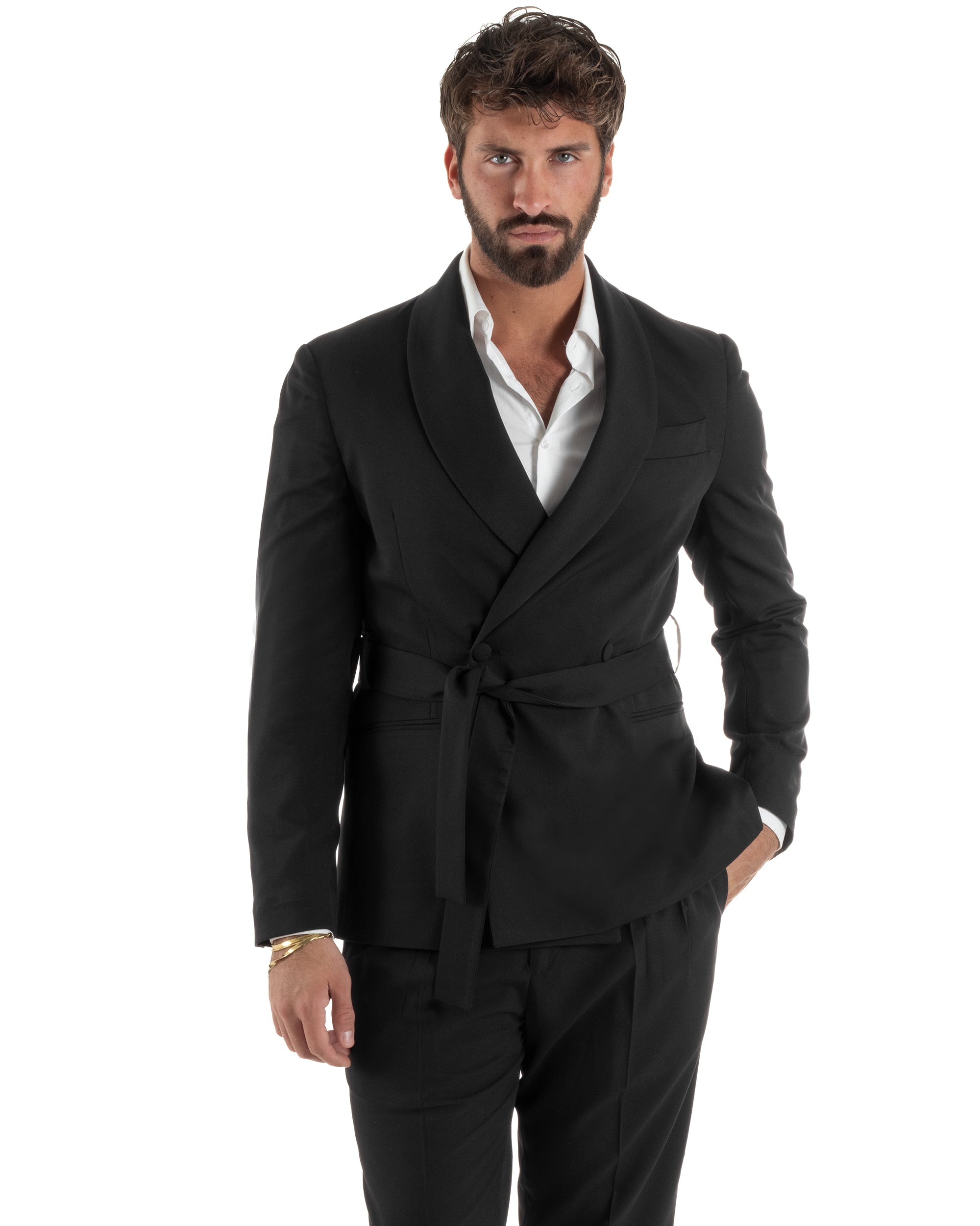 Abito uomo completo doppiopetto rever scialle cintura pantaloni pinces nero BlackSunday AE1245A