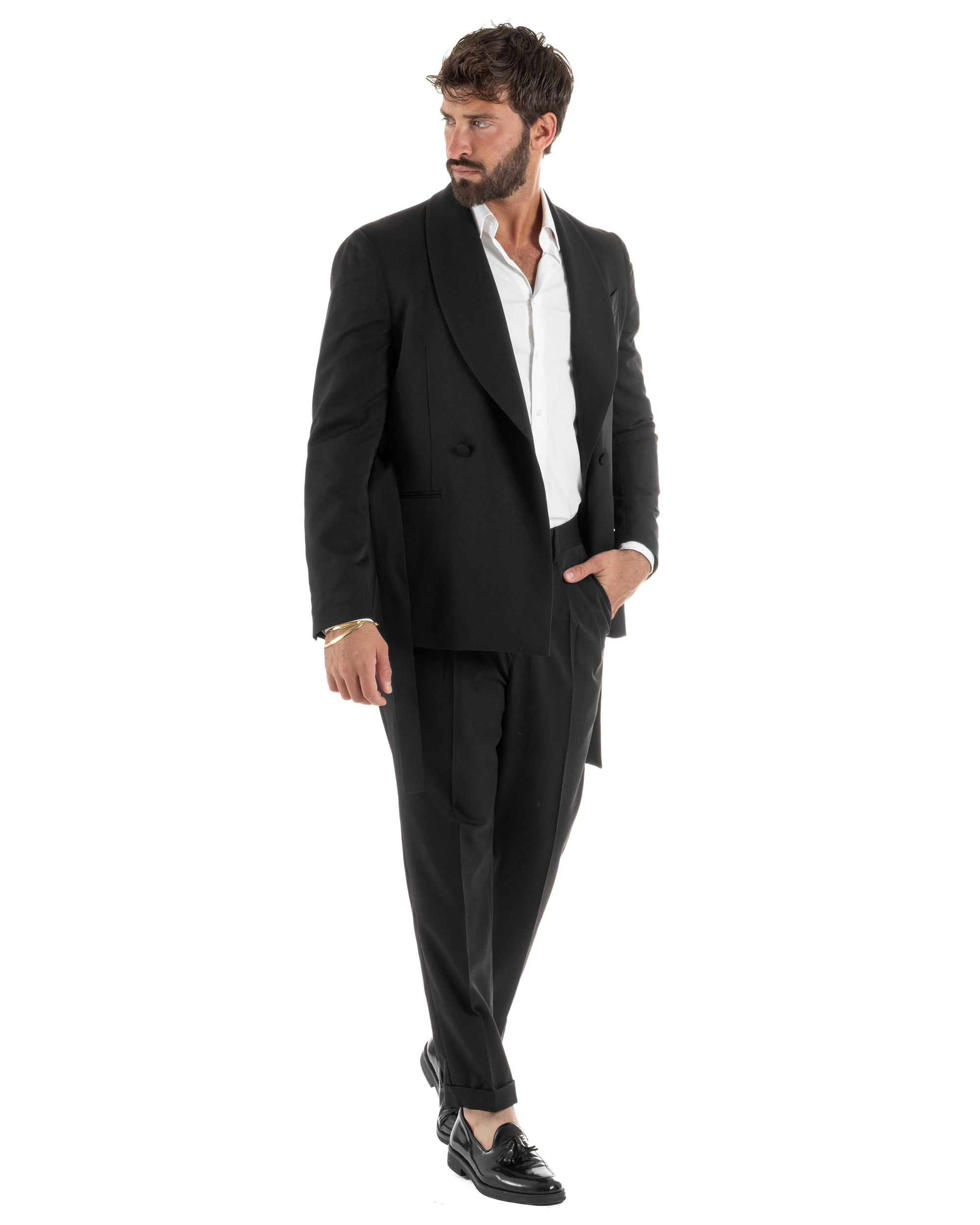 Abito uomo completo doppiopetto rever scialle cintura pantaloni pinces nero BlackSunday AE1245A