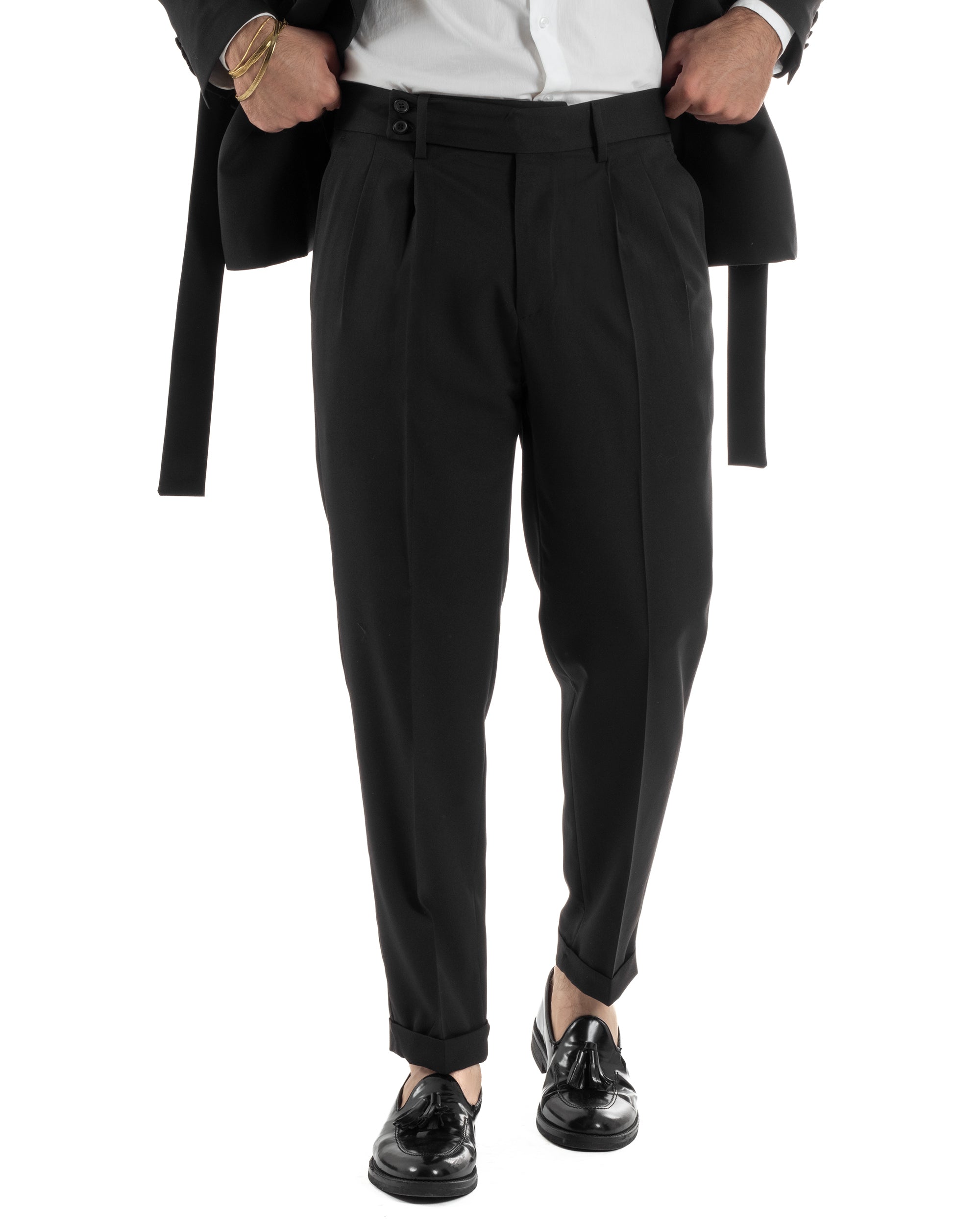 Abito uomo completo doppiopetto rever scialle cintura pantaloni pinces nero BlackSunday AE1245A