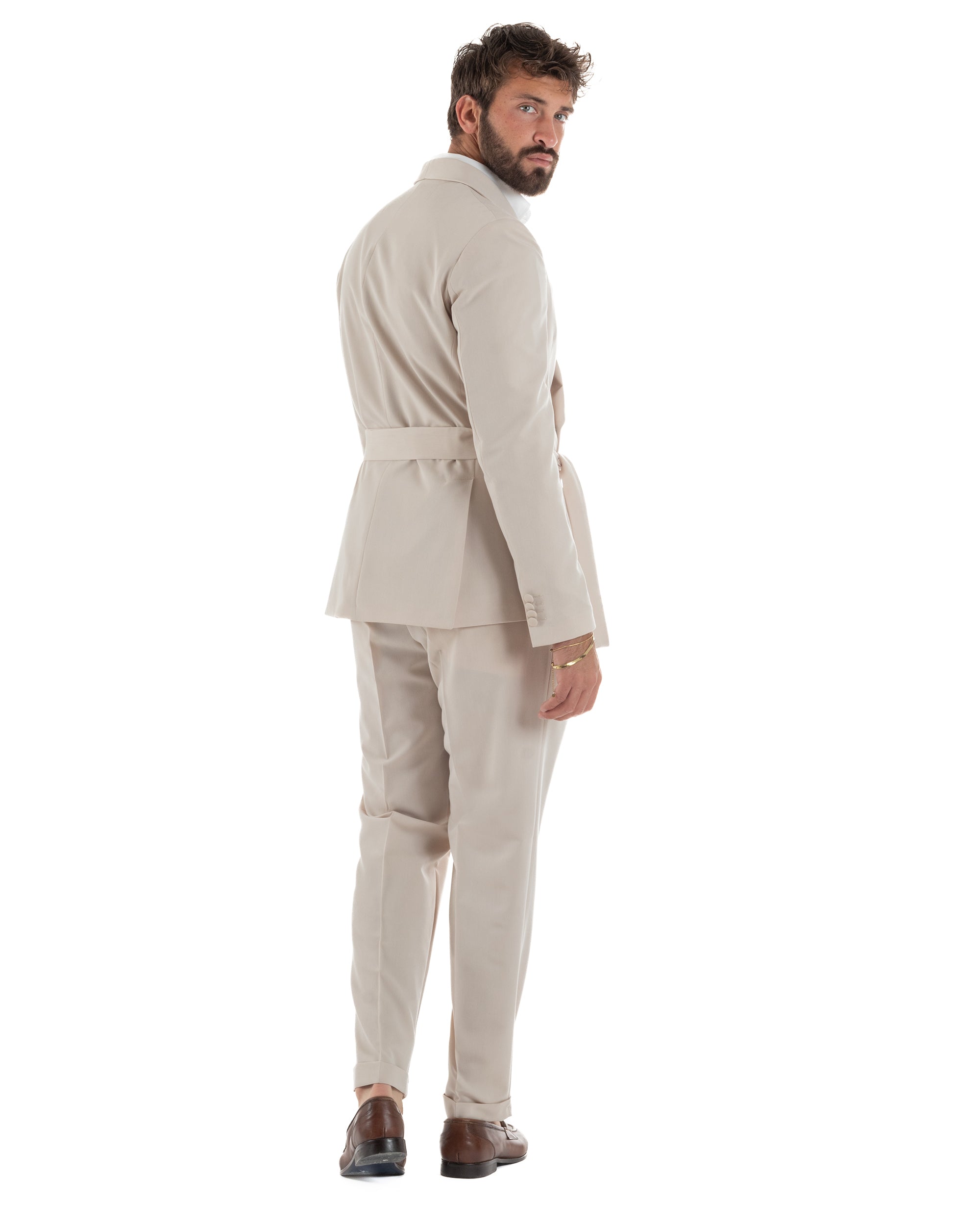 Abito uomo completo doppiopetto rever scialle cintura pantaloni pinces beige BlackSunday AE1246A
