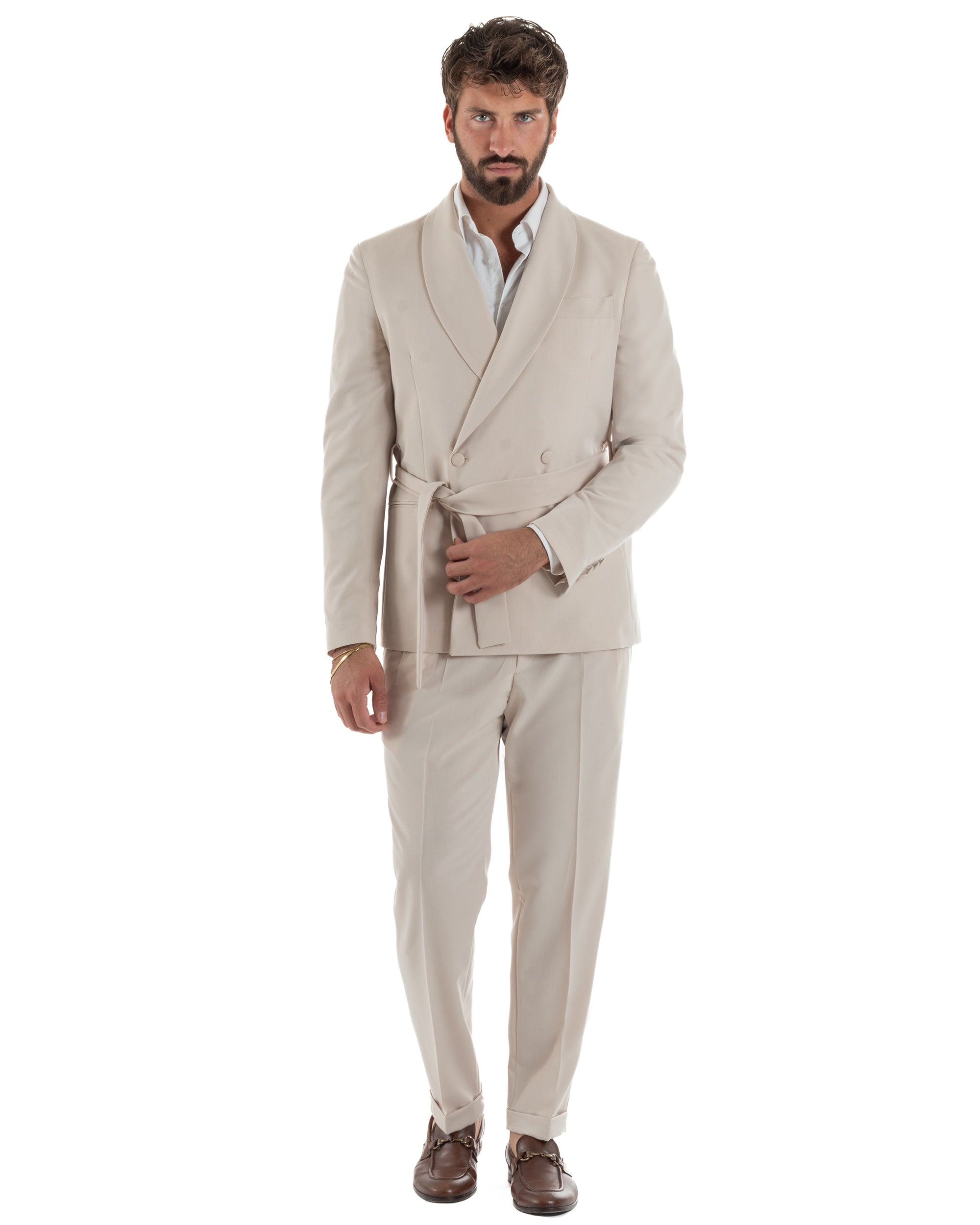 Abito uomo completo doppiopetto rever scialle cintura pantaloni pinces beige BlackSunday AE1246A
